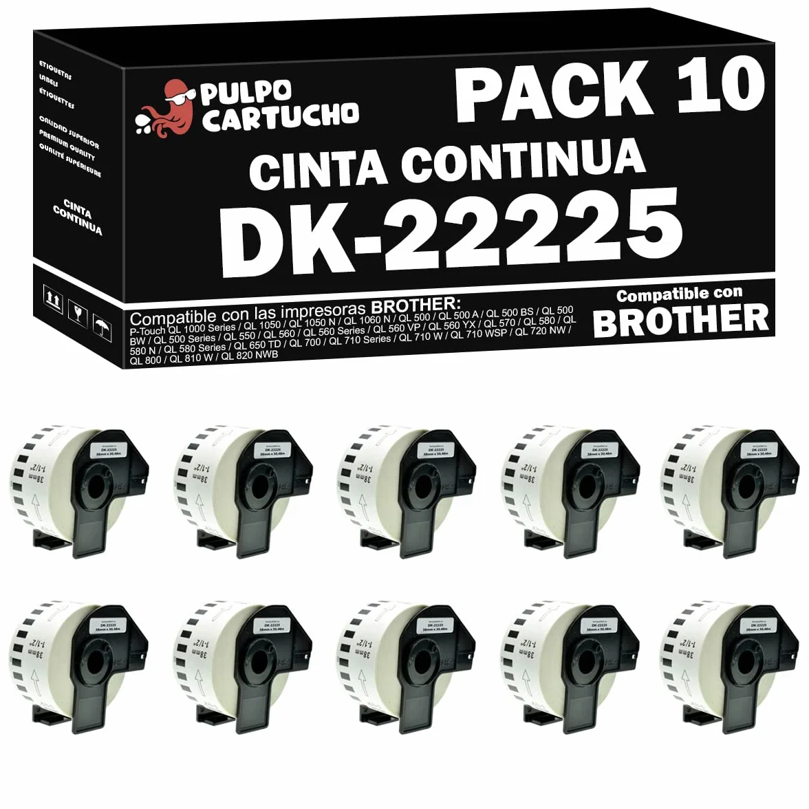 Pack de 10 Compatible Brother DK22225 - Etiquetas Genéricas de Tamaño personalizado - Ancho 38mm x 30,48 metros - Texto negro sobre fondo blanco. Cinta continua DK-22225 papel térmico blanco.
