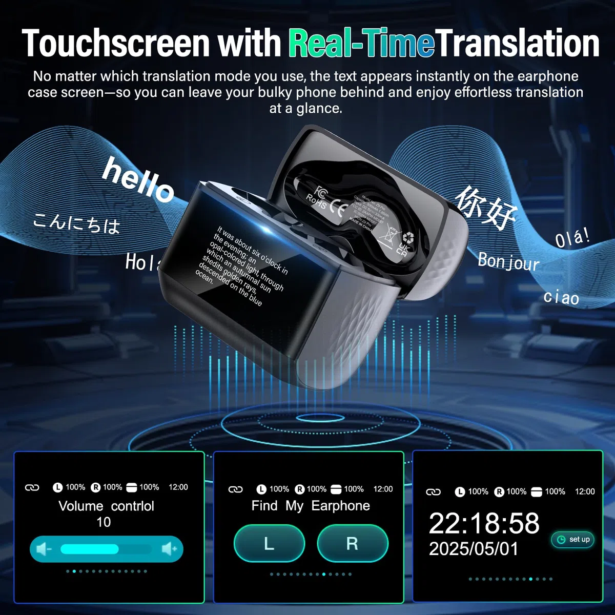 AI Auriculares Traductor en Tiempo Real con Pantalla Táctil LED, 3 en 1 Auriculares Traductores de Idiomas, 6 Modos Traducción con 164 Idiomas, Reducción de Ruido ANC+ENC, 5 Modos EQ, 48H, Negro