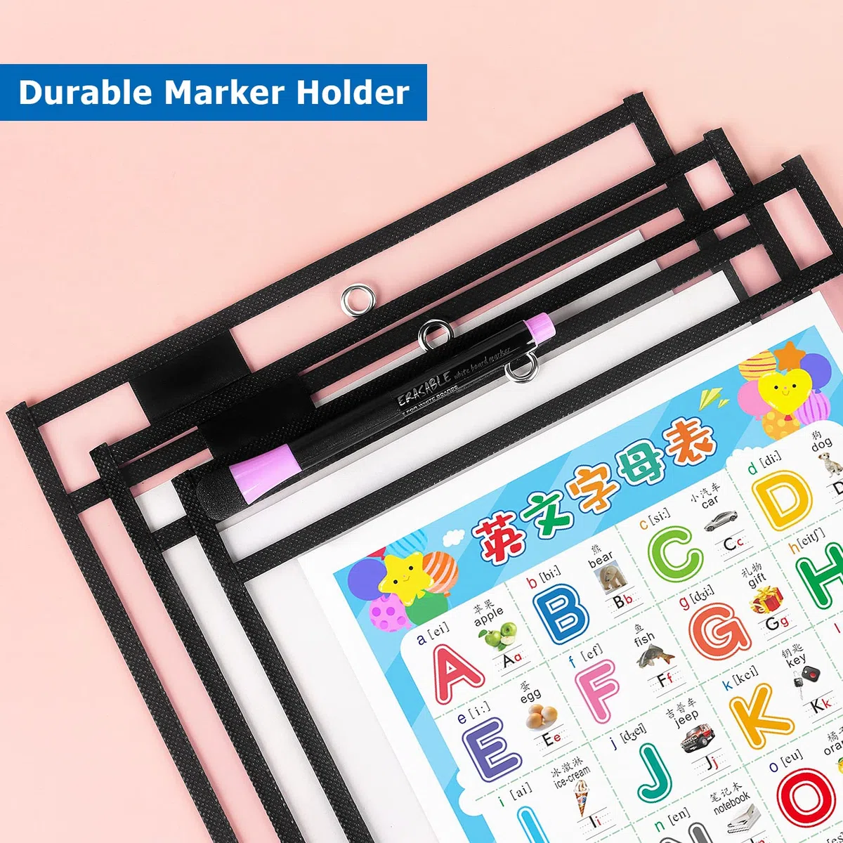 Paquete de 8 fundas de bolsillo de borrado en seco con anillos, soportes para boletos de 10 x 14 pulgadas, fundas de plástico transparente para profesores, suministros de aula (negro)