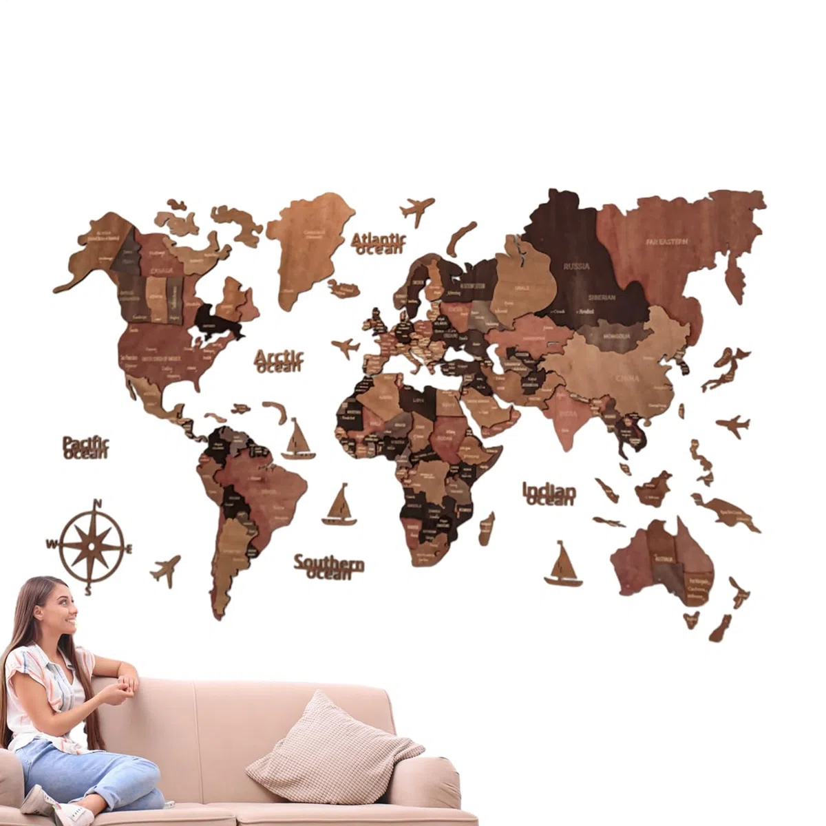 Mapa Decorativo para Pared, diseño de Estados del Mundo de Madera 3D | capitales, decoración escolar | Impresionante centro de mesa de madera cortada a gran escala, cinta de doble cara, fácil mont