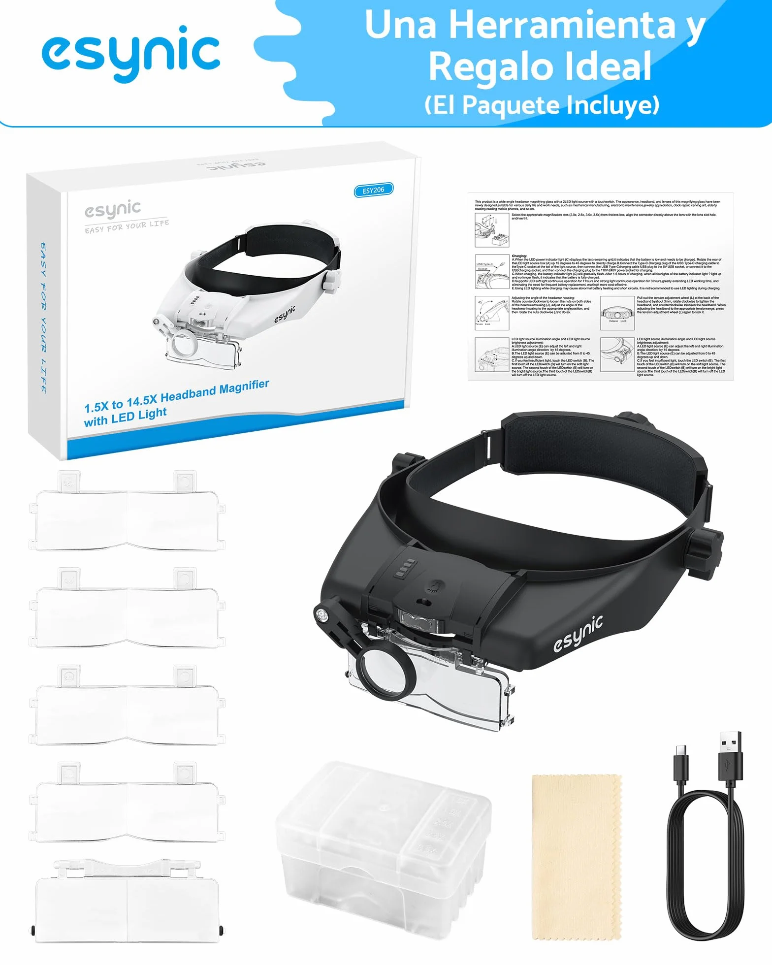 eSynic Gafas de Lupa Recargable con Luz Lupas de Gran Aumento 1.5X-13X con 5 Lentes Ajustable Gafas de Aumento Lupa con Control Táctil e Indicador de Batería para Manualidades,Leer,Coser,Joyería