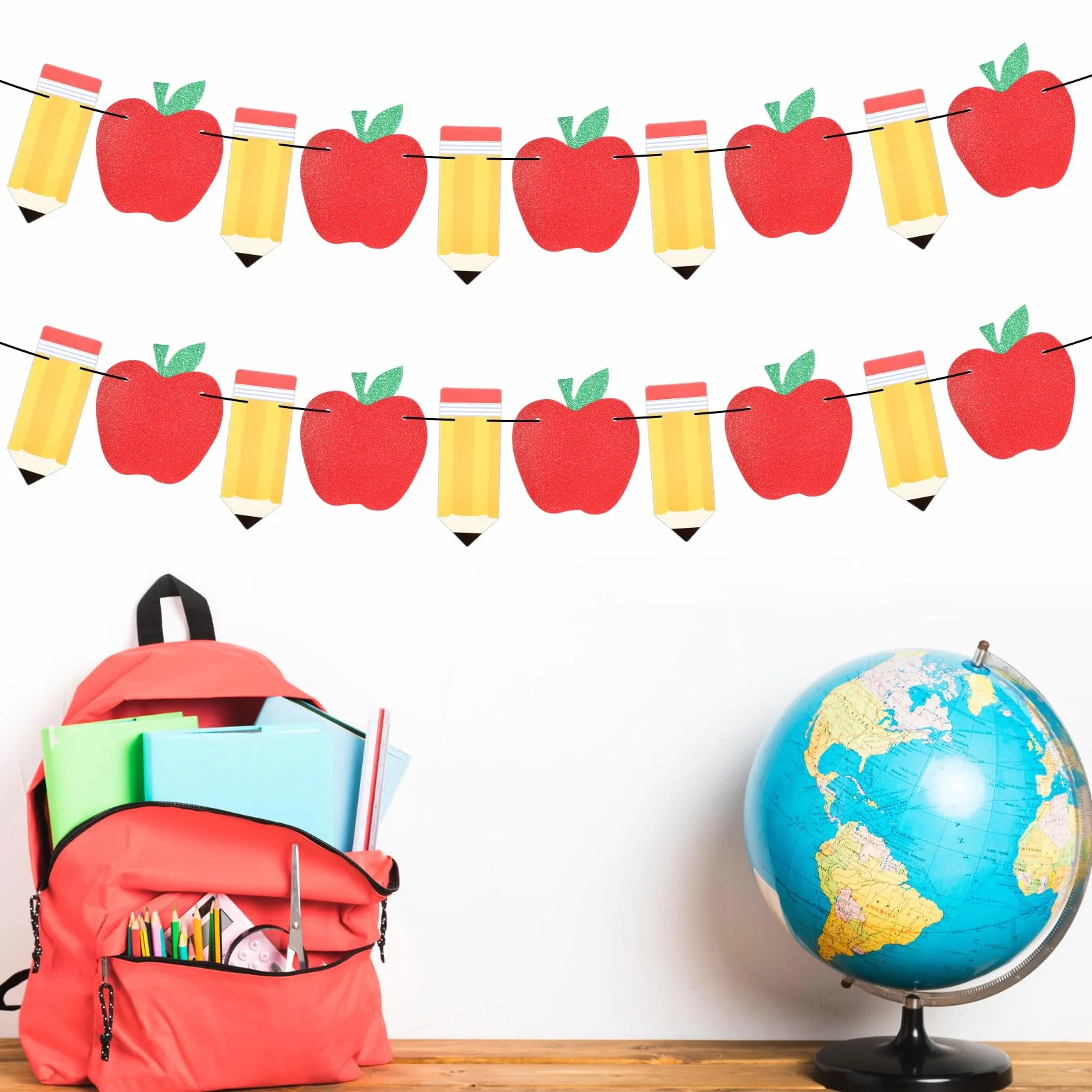 2 pancartas de lápiz de manzana para decoración de regreso a clases, decoración de primer día de clases, suministros de fiesta, cartulina roja y amarilla con purpurina