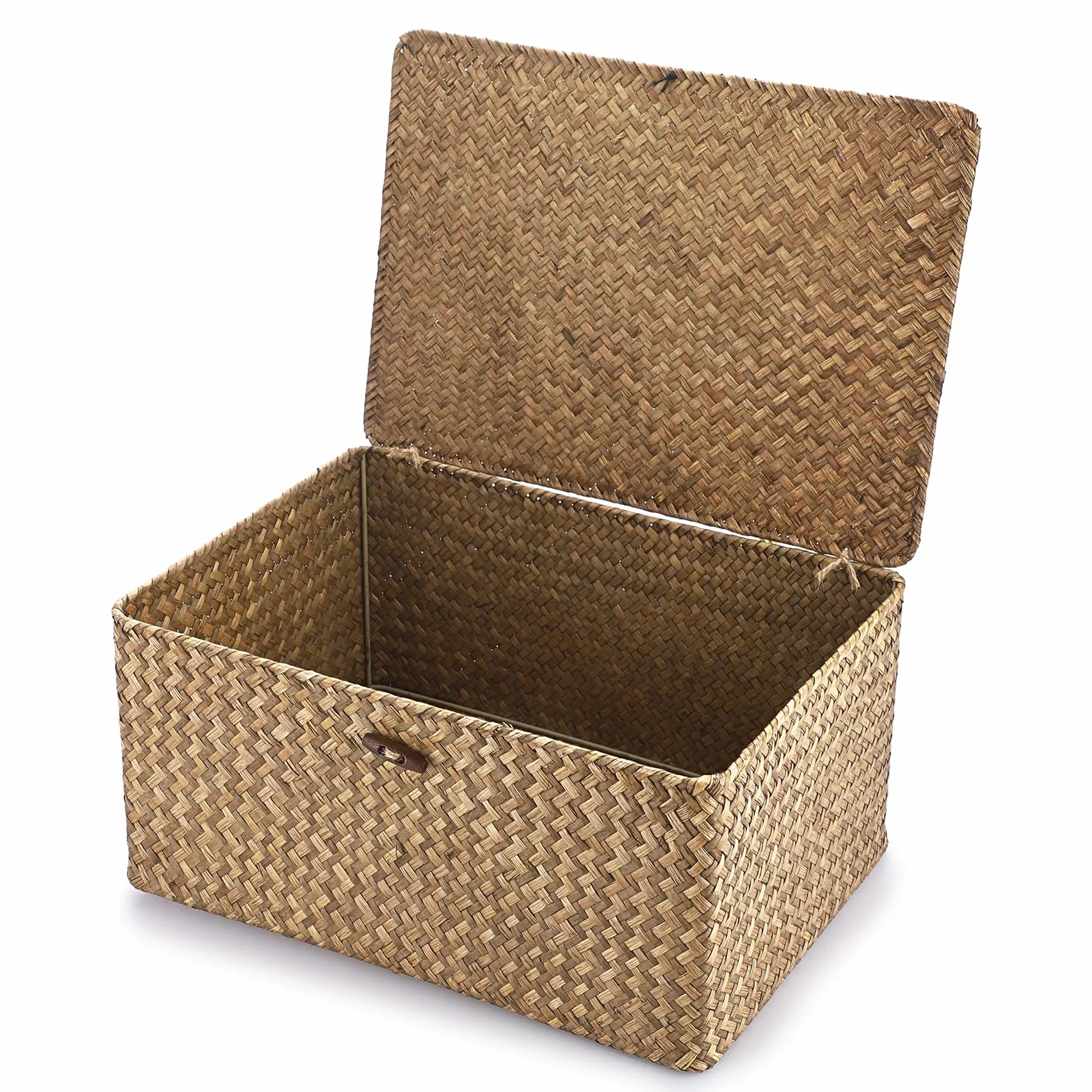 IGNPION - Cesta de almacenamiento de mimbre con tapa, cesta de escritorio de mimbre trenzado, rectangular, organizador de baño, caja decorativa para debajo de los estantes de la sala de estar, cesta