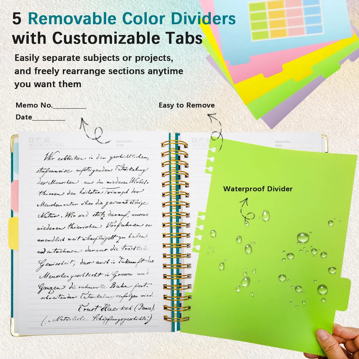 Cuaderno en espiral de tapa dura con separadores y pestañas extraíbles, 8 x 10 pulgadas, cuadernos de 5 temas para el trabajo, cuaderno de rayas universitarias, diario B5 con rayas brillantes