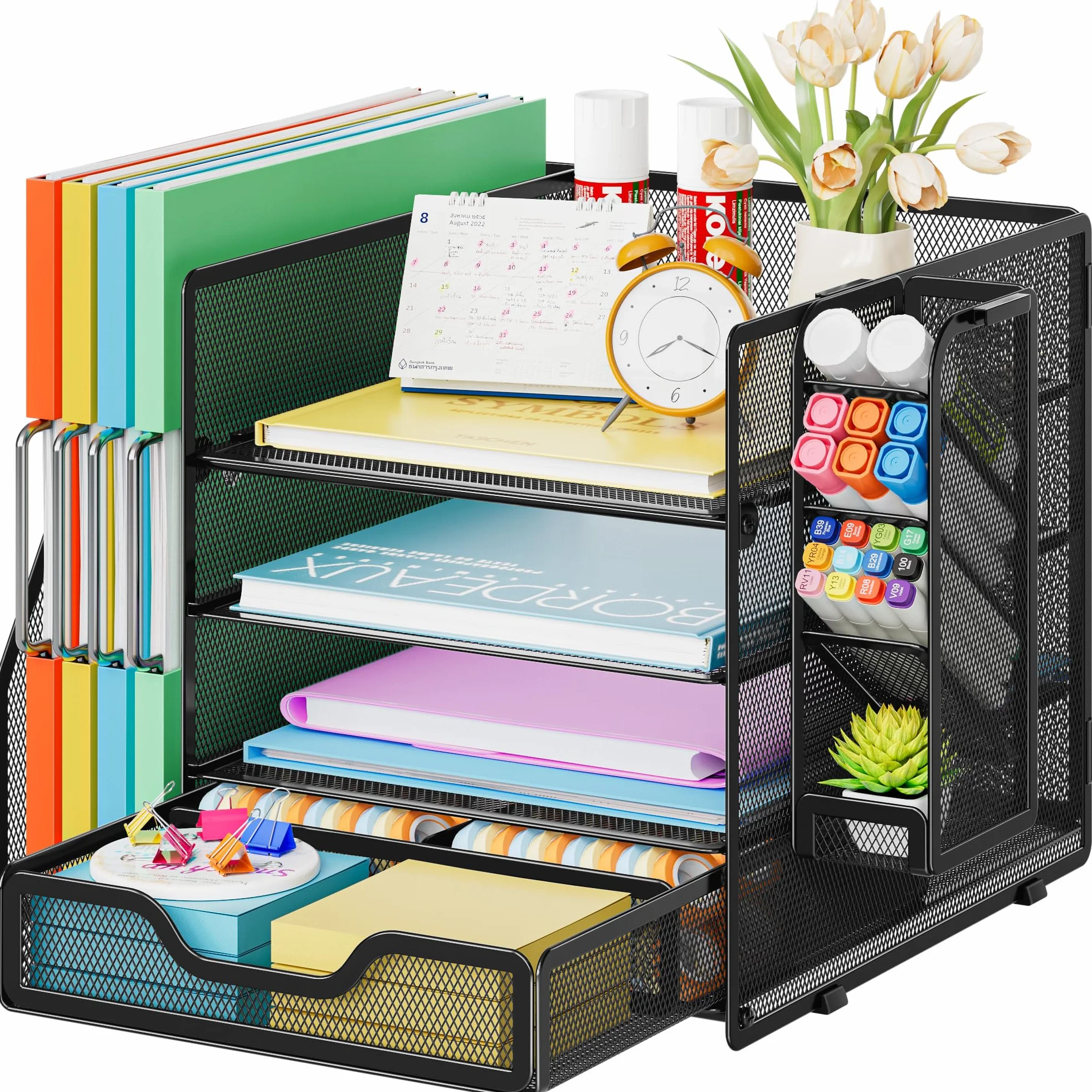 Marbrasse Malla Organizador De Escritorio,4 Niveles Archivador de Escritorio con Cajón,Bandeja Multifuncional para Papeles y Cartas con Soporte para Bolígrafos (Negro)