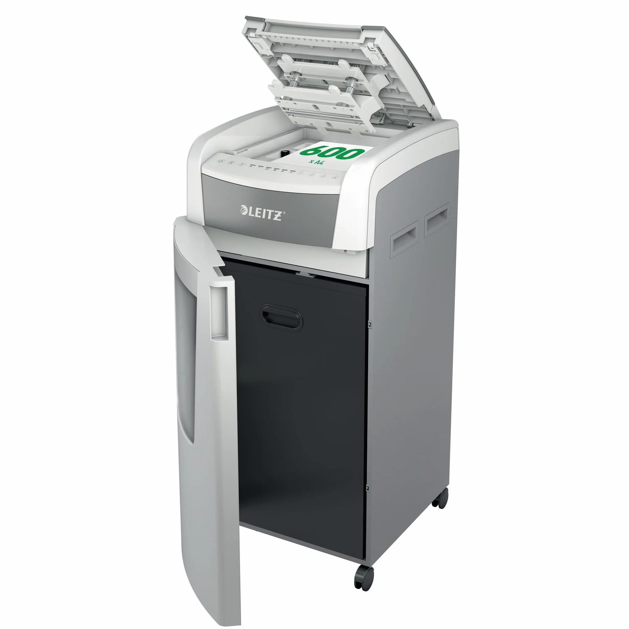 Leitz 80170000 – Destructora Automática IQ 600 Pro Autofeed P4, Autoalimentación 600 Hojas, Corte Partículas 4x28 Mm, Funcionamiento 240 Mins, Papelera 110L Con Puerta, Control Táctil Con Bloqueo PIN