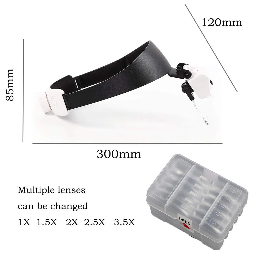Lupa, visera manos libres para la cabeza de 1,0 x a 3,5 x dobladillo con 5 lentes desmontables montados en la cabeza, 2 lupas con iluminación LED para lectura, lupa de joyería, reloj y electrónica