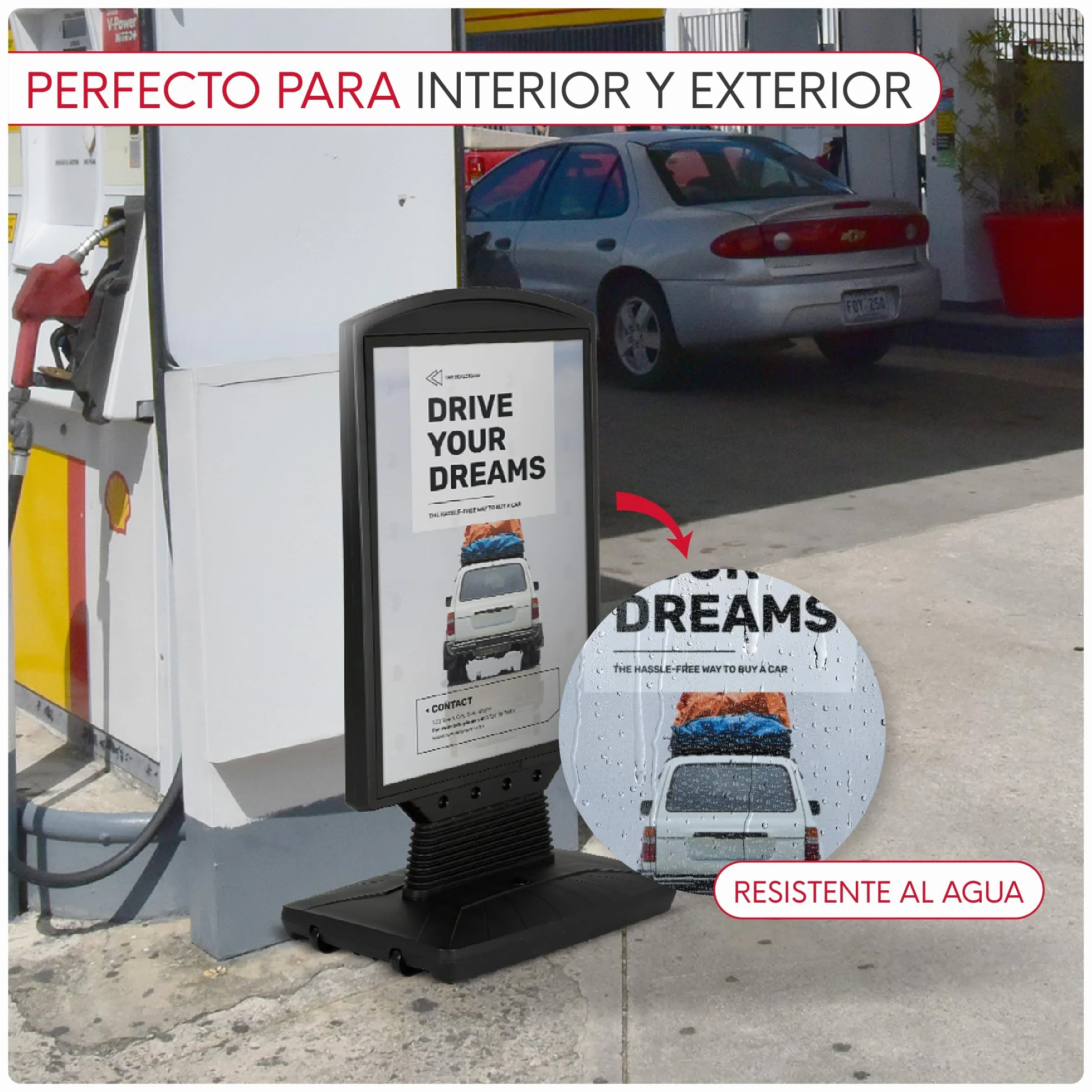 Caballete Publicitario Exterior Dortmund | Expositor Doble Cara Tamaño A1 con Base Rellenable y Ruedas | Soporte para Carteles Resistente al Viento y Agua | Con Protector UV