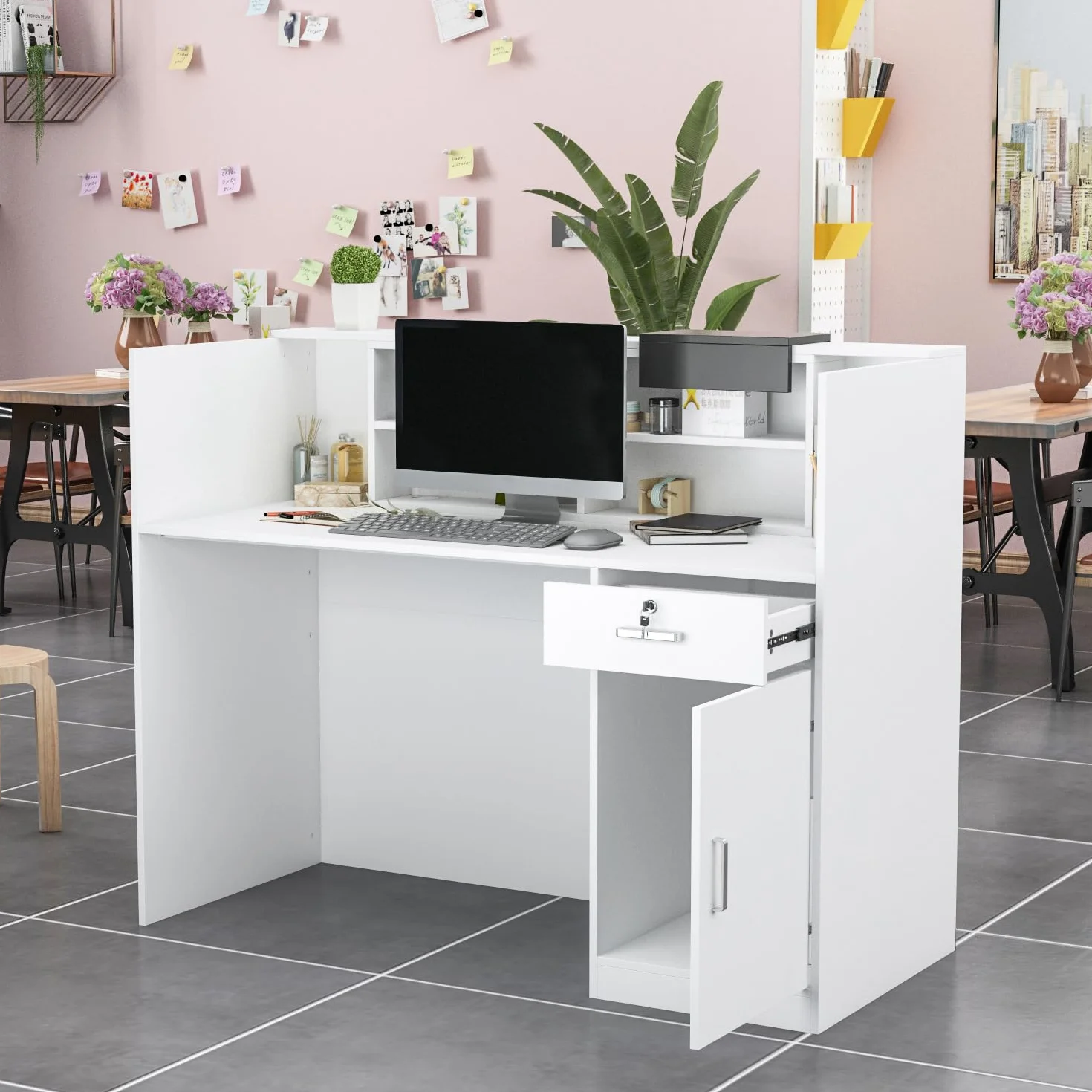 Mostrador de recepción con cajones y armarios con cerradura, estantes ajustables, 140x60x110cm, MDF