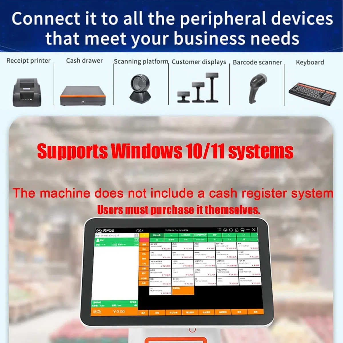 Caja Registradora De Pantalla TáCtil, Sistema Tpv para PequeñAs Empresas, Ssd 128 GB, Memoria 8 GB, Caja Registradora para Tienda De Restaurante para Retail con Monitor De Pantalla TáCtil