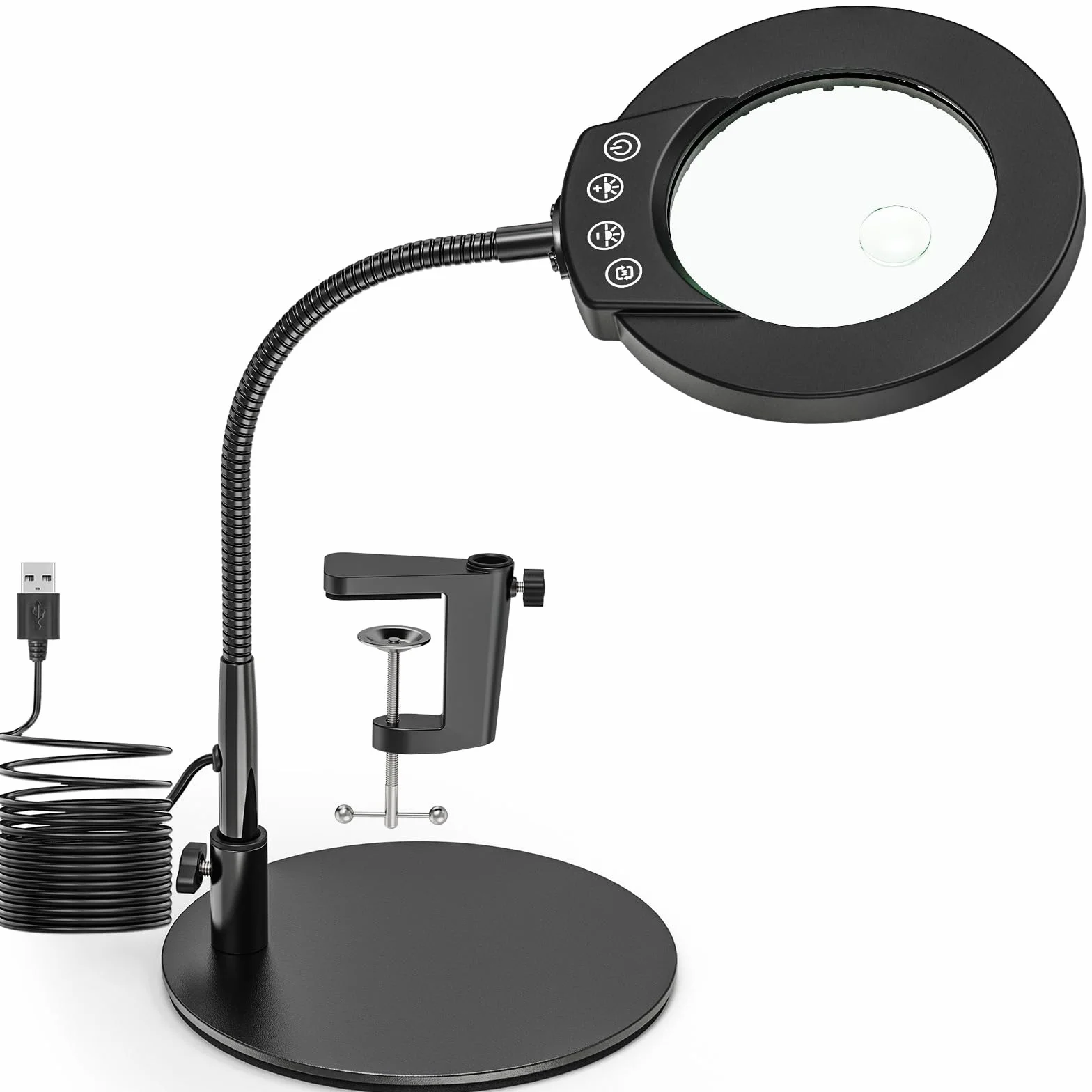 Cuello de Cisne Lupa con Luz y Soporte, 15X 10X Lámpara de Aumento de Escritorio con Pinza y Base, LED Lupa de Mesa con 5 Modos de Colores para Lectura, Reparación, Trabajo Manual