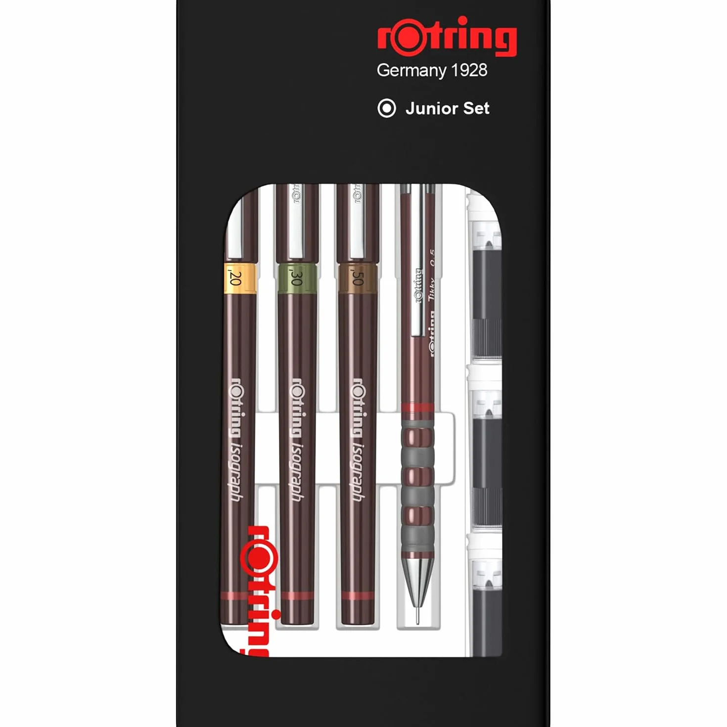 rOtring - Set de 3 Bolígrafos técnicos Isograph S0699320 Junior, 0.20 mm, 0.30 mm, 0.50 mm bolígrafos de punta fina y accesorios con cuaderno