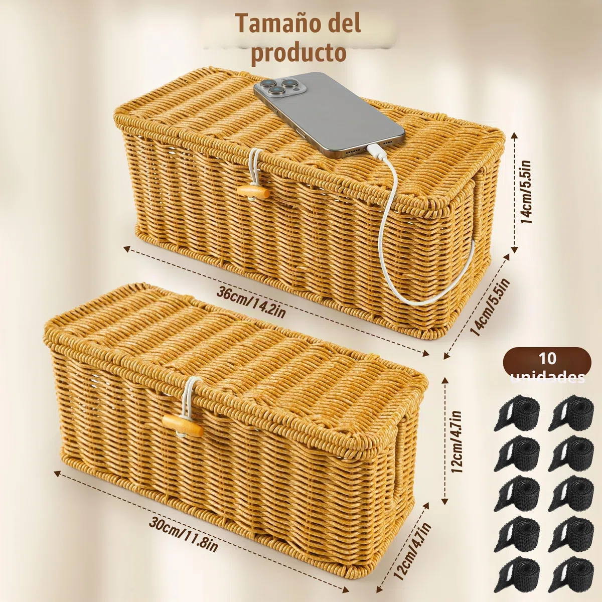Gucass Juego de 2 Organizadora Cables de Ratán, Cajas Guarda Cables con Tapa, Caja para Cables con 10 Bridas, Organizador Cables Caja para Ocultar Regletas de Enchufes y Cables, para Oficina, Hogar