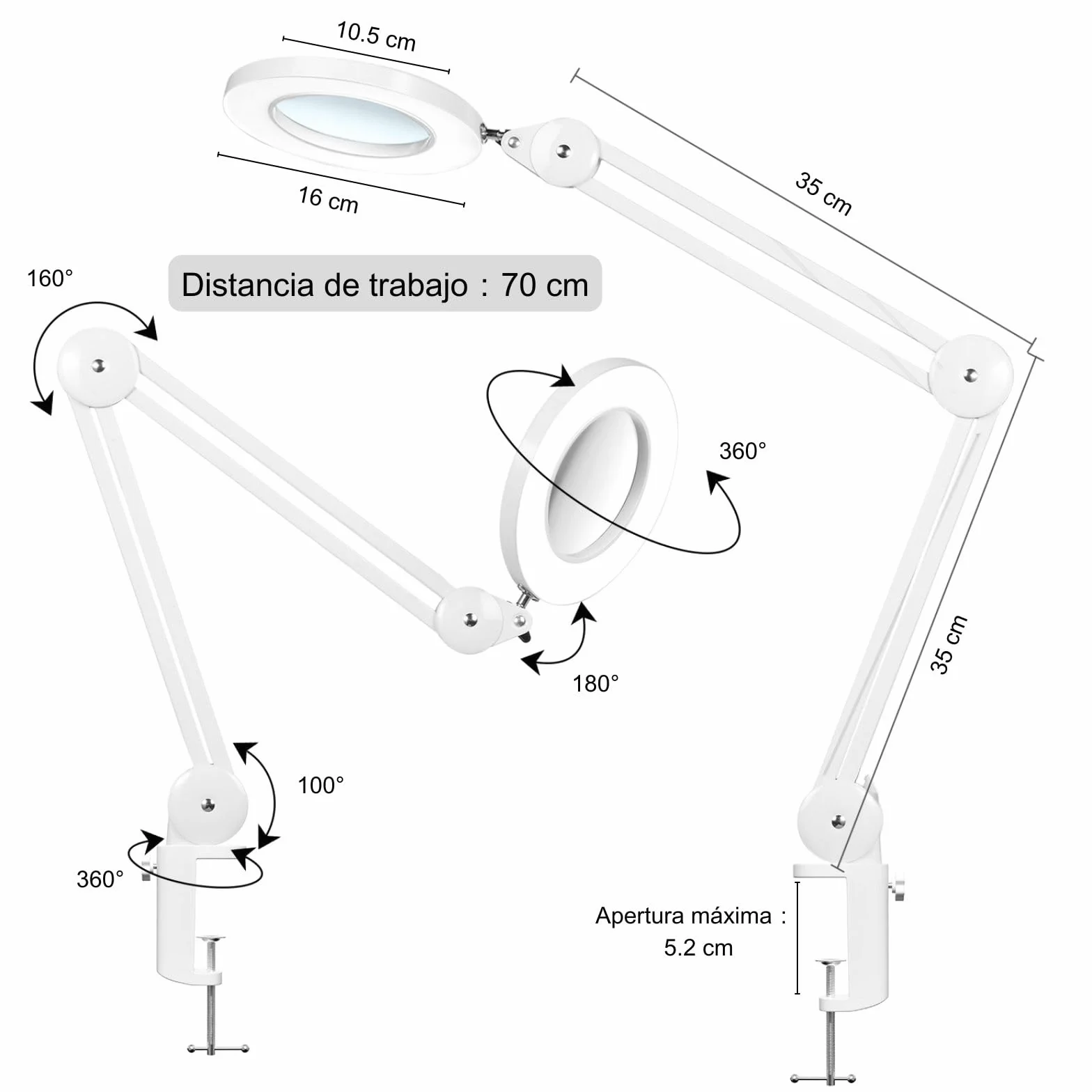 Lámpara Lupa LED con Luz de Trabajo - Lente de Vidrio de 105mm y 5 Dioptrías, Brazo Giratorio Premium, Luz Regulable de 3 Colores y Abrazadera para Mesa - Ideal para Trabajos de Precisión