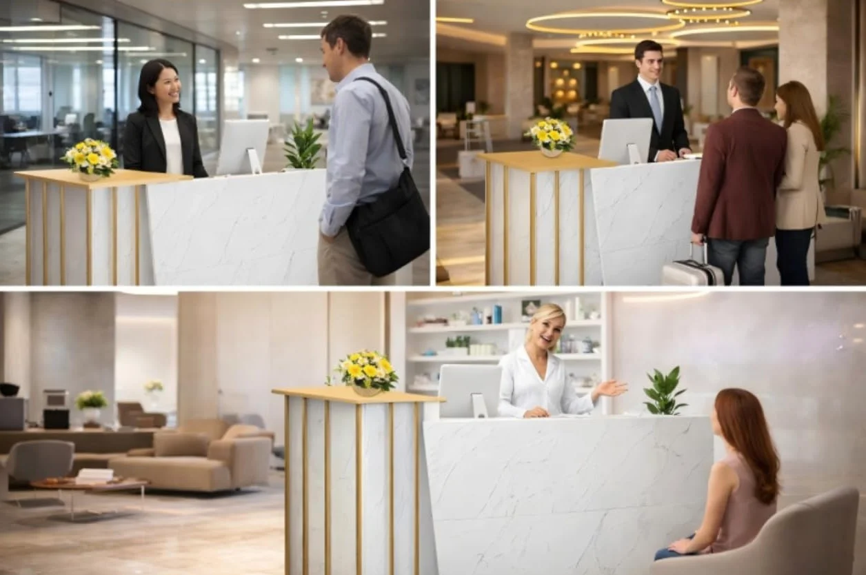 Mostrador de Recepción con 4 Espacios de Almacenamiento, Mostrador Moderno para Vestíbulo, Oficina, Salón o Tienda, Escritorio de Recepción Compacto y Funcional