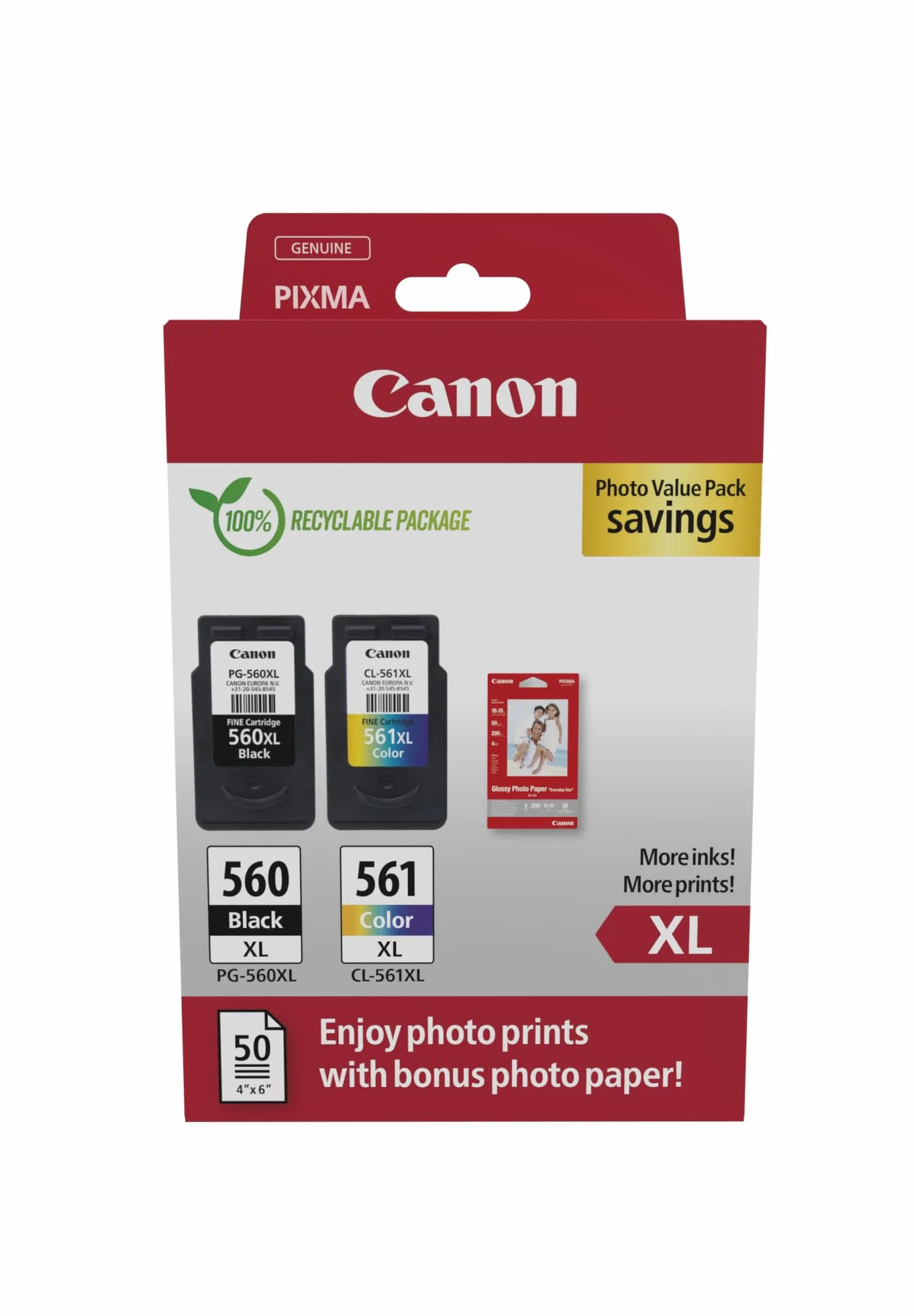 Canon Tinta y Papel Multipack - PG-560XL/CL-561XL Cartuchos de Tinta Genuinos 2 Pack (1 x Negro XL, 1 x Color XL) & Papel Fotográfico 4x6 (50 x Hojas)