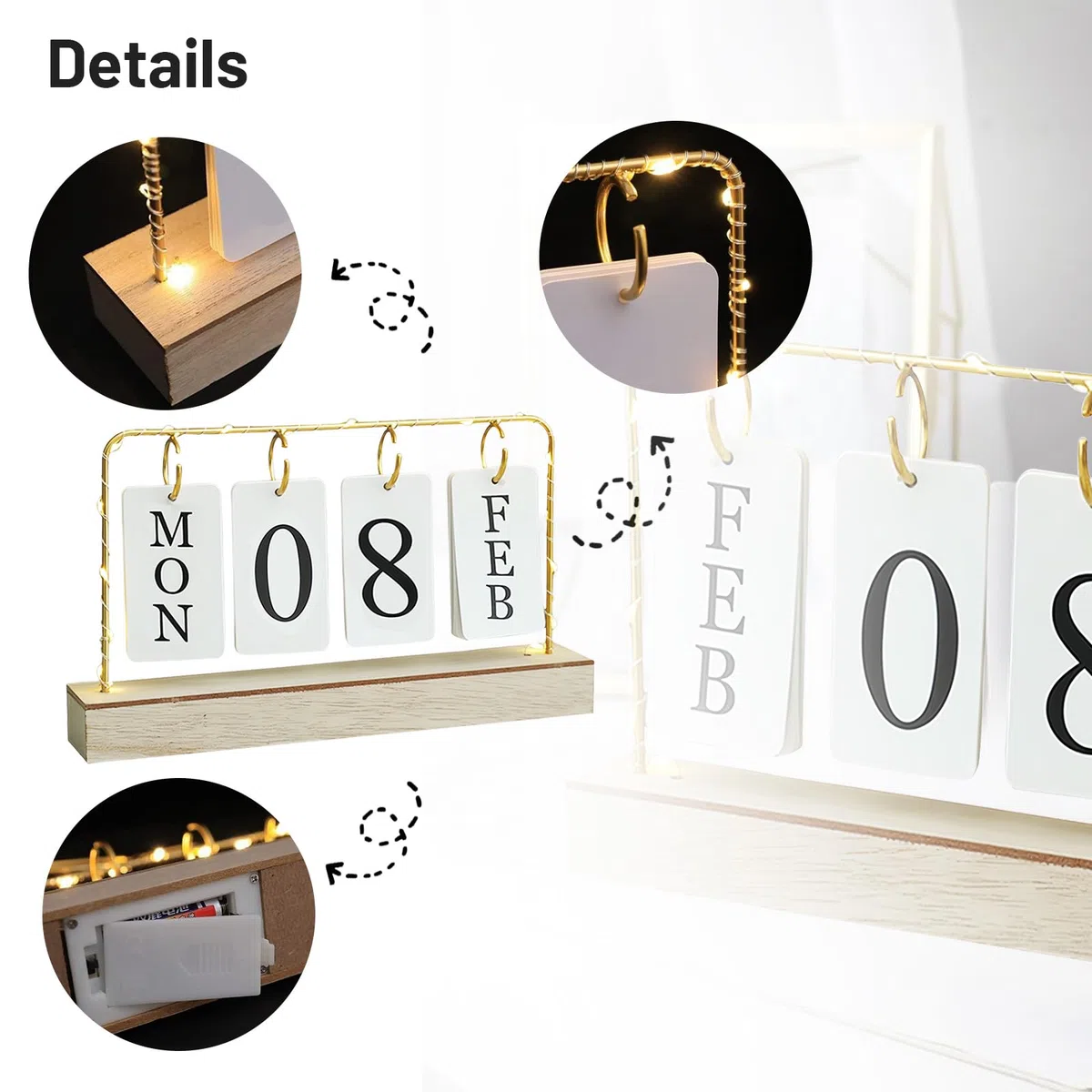 AUSTUFF Calendario perpetuo de madera abatible 2023, calendario de escritorio de metal para decoración diaria de oficina, hogar, planificador mensual semanal de año, calendario de decoración de