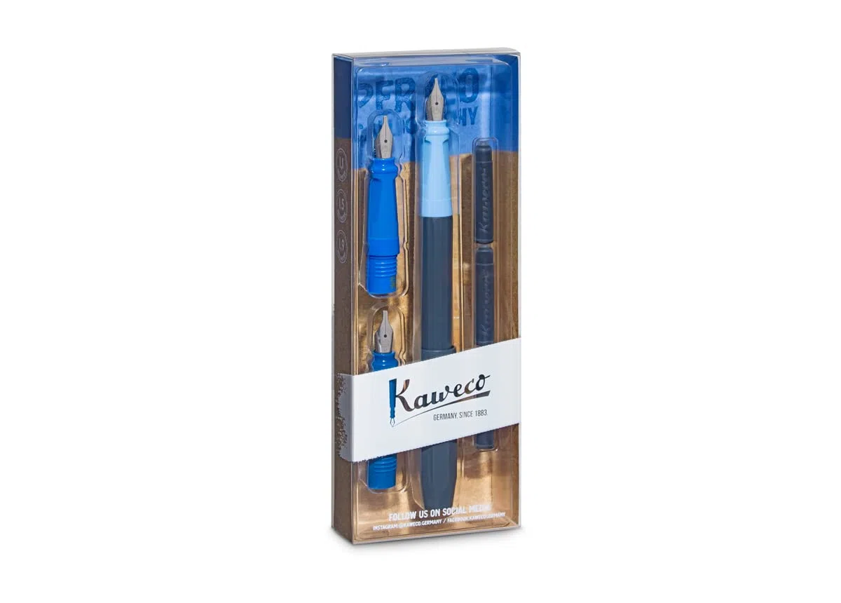 Kaweco Perkeo 10002092 - Juego de caligrafía (plástico, 1,1 mm, 1,5 mm, 1,9 mm, 15,5 cm), color azul