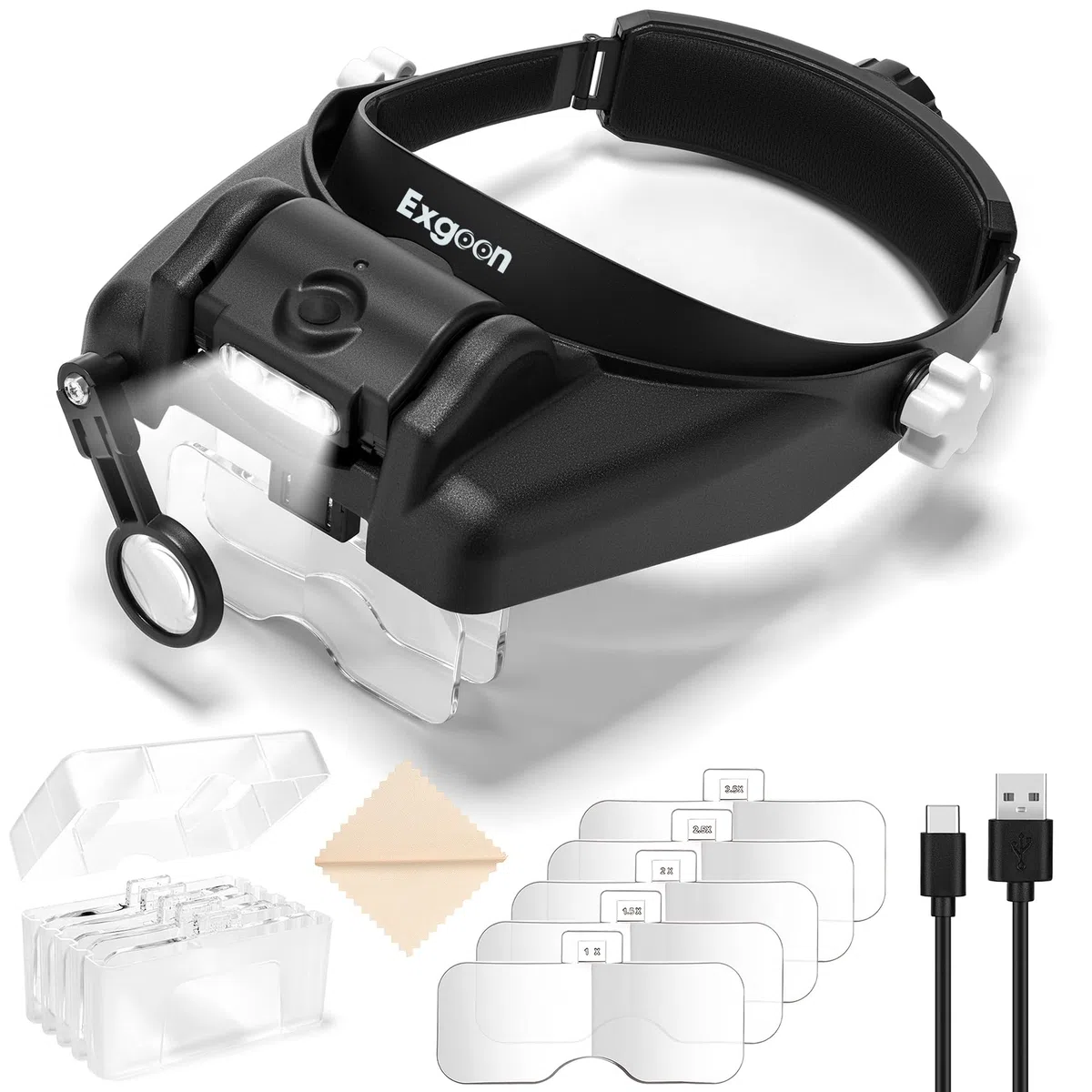 Lupa con luz de 1 a 14 aumentos con 6 Lentes Desmontables, Lupa con Diadema Recargable Manos Libres para Aficiones, modelismo, joyería, Manualidades