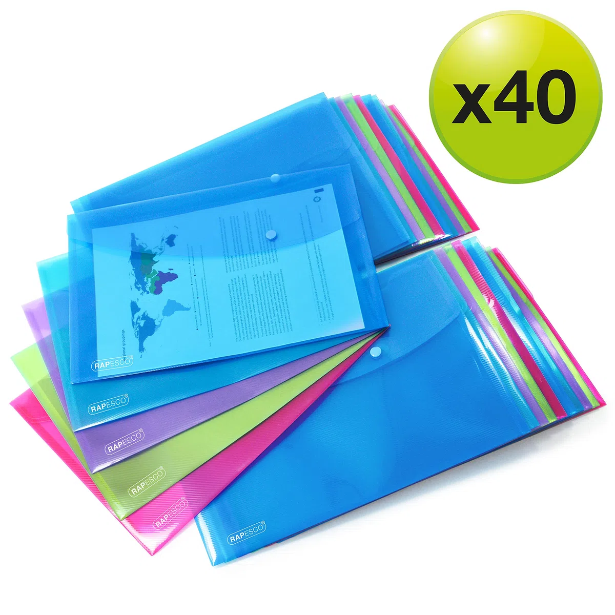 Rapesco 1678 ECO Carpeta Sobre Portafolios con Broche, Material Reciclado, A4+, Colores Surtidos Transparentes, Paquete de 40