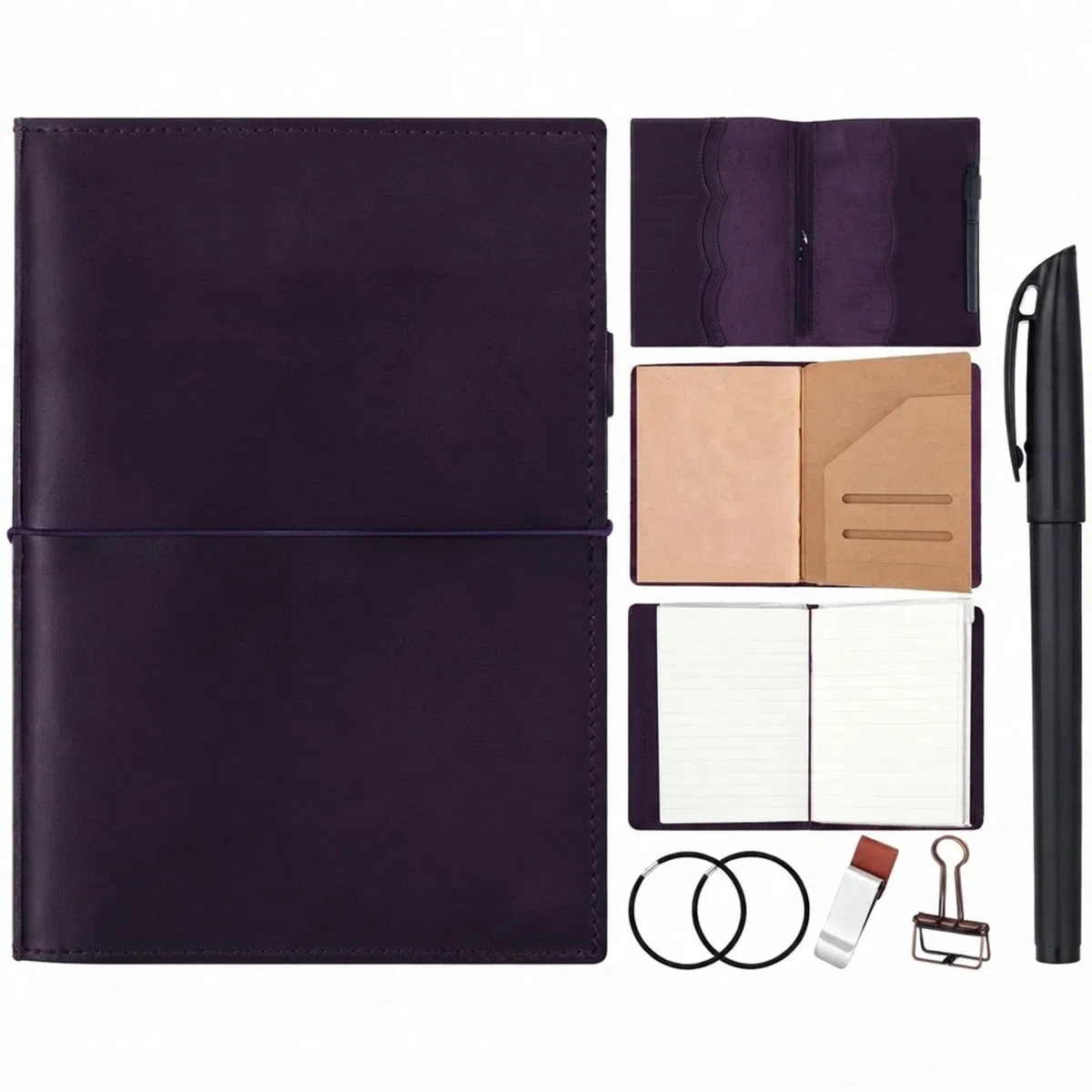 Eaasty Funda de cuero para cuaderno de viajeros A5 con bolsillos interiores, ranuras para tarjetas y soporte para bolígrafos, inserciones de diario de viajero, carpeta de PVC, clip de carpeta y bandas