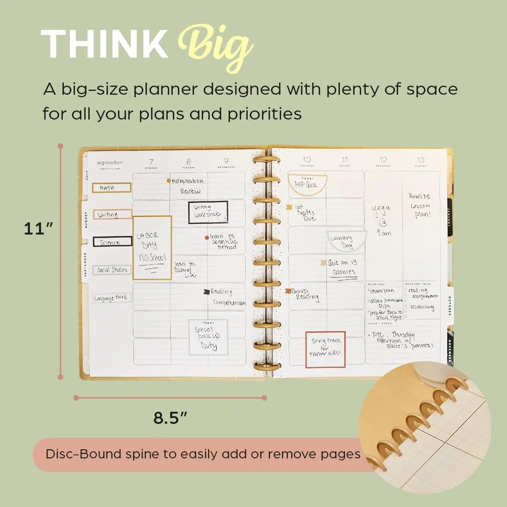 Happy Planner - Planificador encuadernado en disco de julio de 2026 a junio de 2027, tamaño grande | Incluye 3 meses adicionales y 2 hojas de calcomanías, 8.5 x 11 pulgadas, diseño para profesores, tema suave y moderno