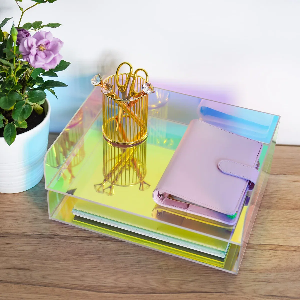 Bandeja acrílica para Cartas, Organizador de Papel apilable Iridiscente de 2 Niveles y Suministros de Oficina, Accesorios de Escritorio tamaño Carta arcoíris (Vertical)