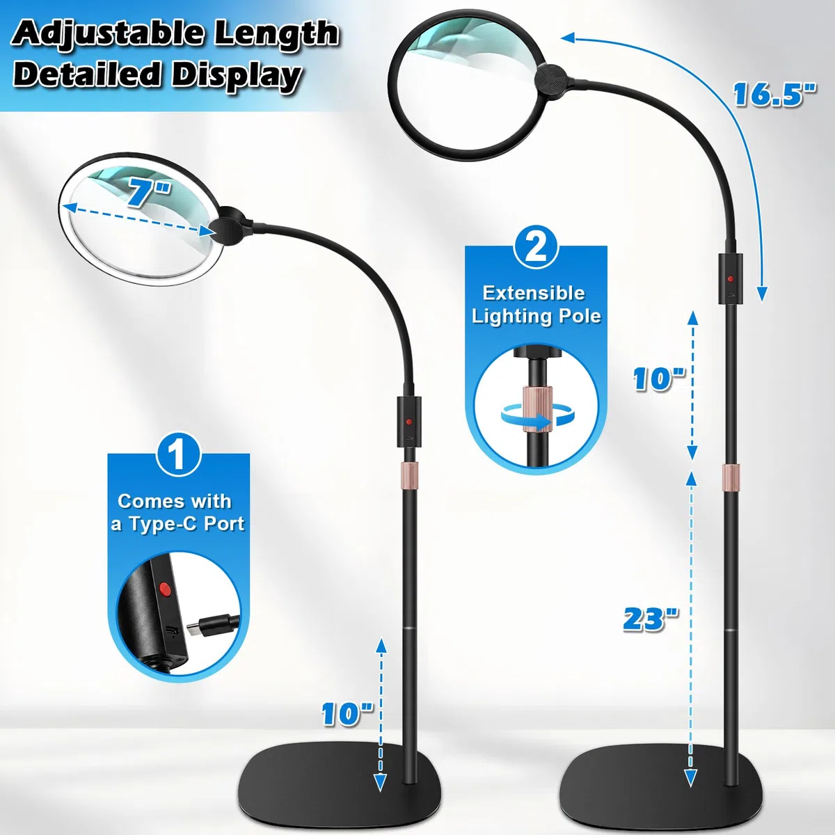 NZQXJXZ 10X Recargable Lupa con Luz y Soporte, Lente HD Grande de 7” | Lámpara Lupa 3 en 1 de Pie/Mesa/Pinza, 3 Modos de Color, LED Regulable Cuello de Cisne para Lectura Manualidades Reparación