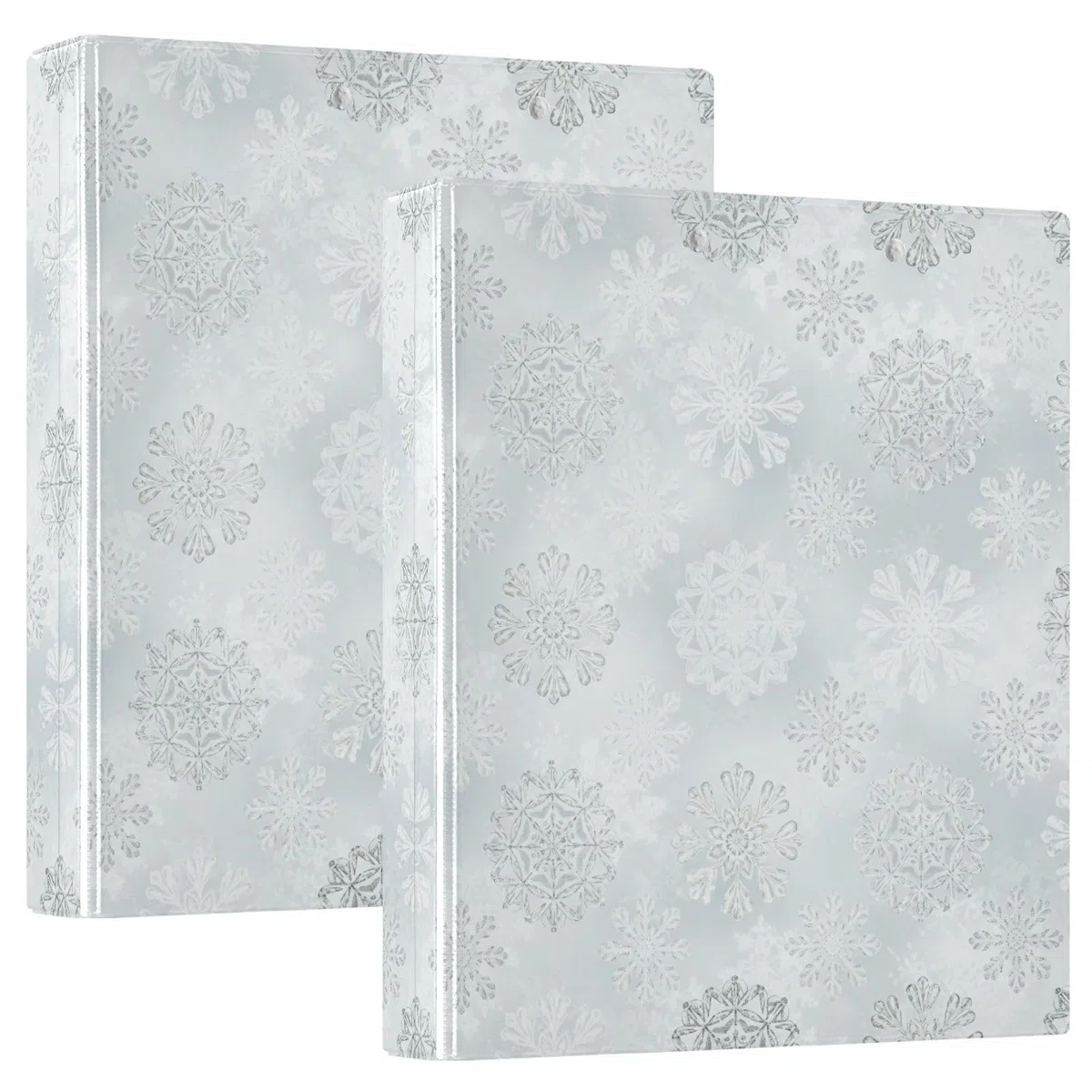 Carpeta de 3 anillos, carpeta de anillos en D de copos de nieve blancos y plateados, paquete de 2 | Con portapapeles y bolsillos, para escuela, universidad, oficina