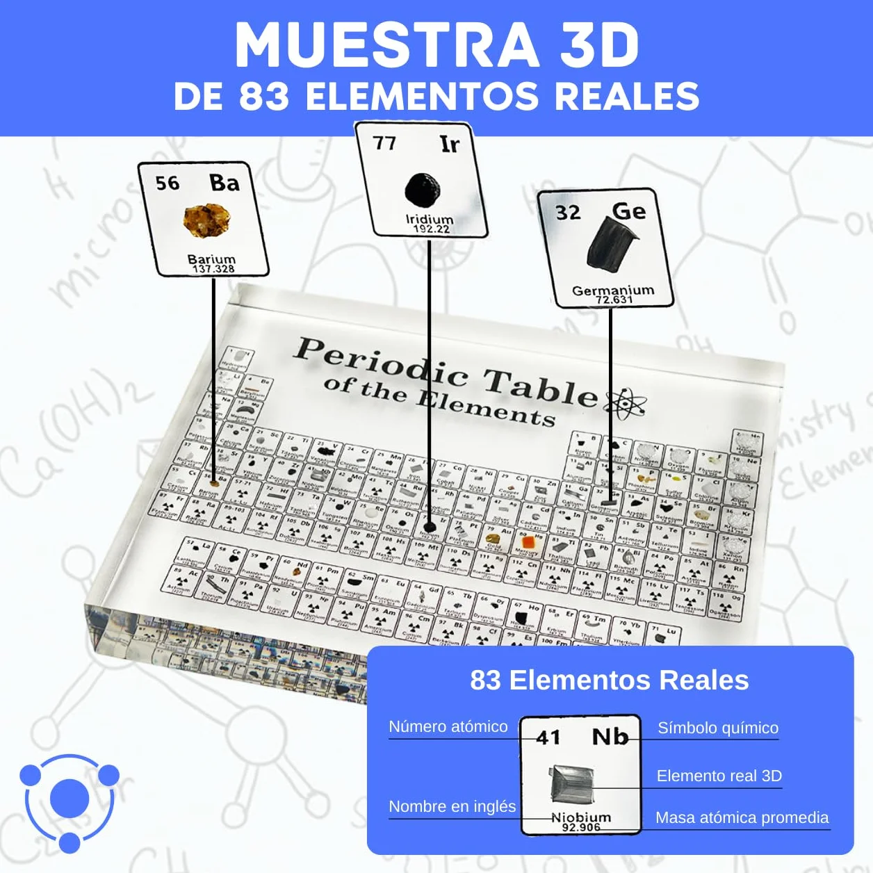 Tabla Periódica con Elementos Reales (16 x 12 x 2,7) - Tabla Acrílica Moderna de Resina con 118 Elementos - Poster 3D Metacrilato Educativo - Regalo Química para alumnos, profesores, aulas… (SIN BASE)