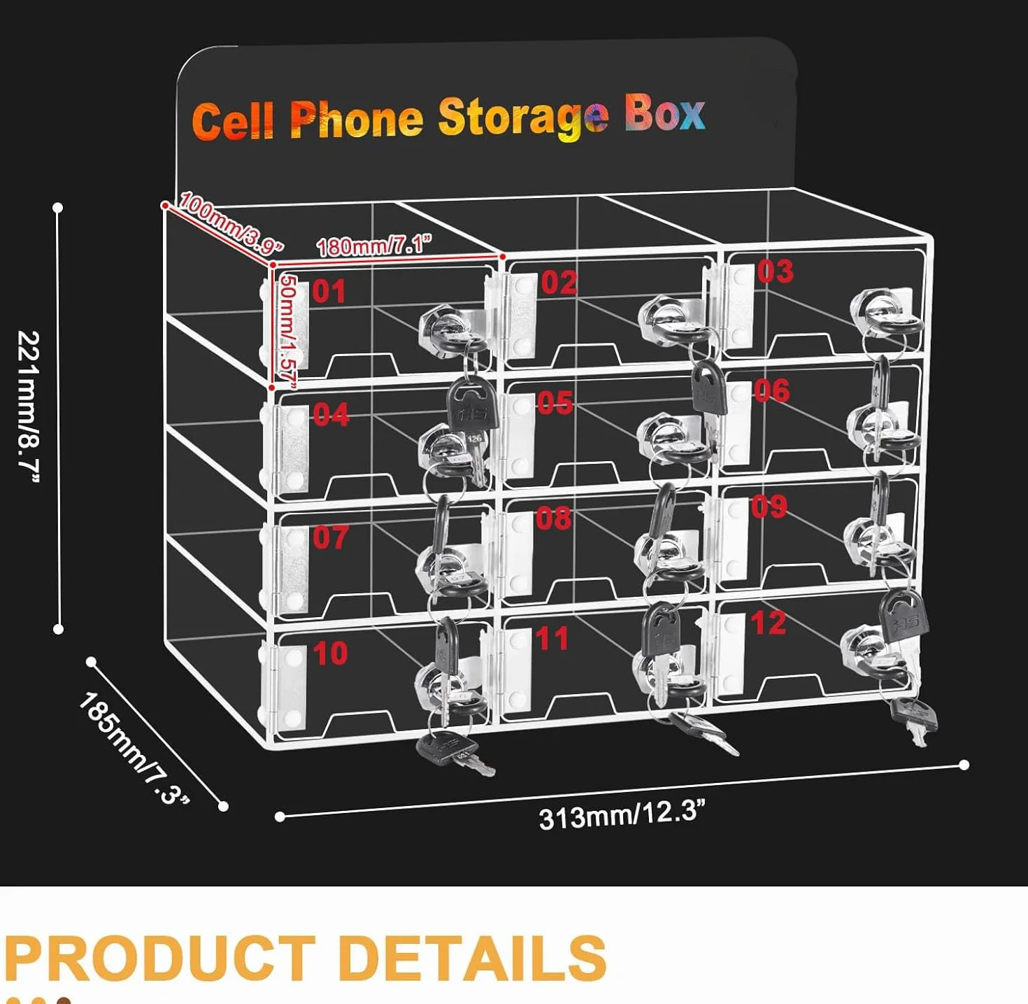 MXBAOHENG Caja de almacenamiento de acrílico 12 Slot para teléfono móvil con cerradura y llave montado en la pared