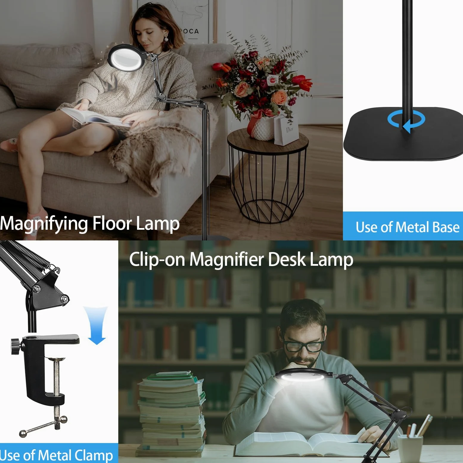 Lupa de suelo con luz y soporte, 12 lupas flexibles con 54 LED, 5 modos de color regulable sin niveles, con manos libres, lupa iluminada para leer, coser, manualidades, trabajo fino