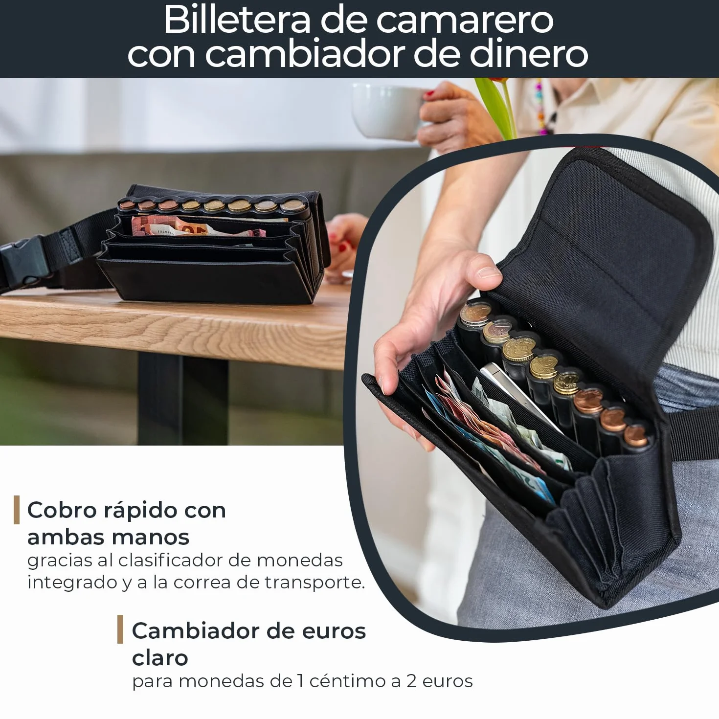 HMF Cartera de Camarero Profesional con Cambiador de Euros 20,5 x 6,5 x 10 cm Negro