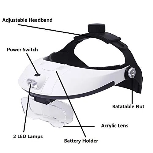 Lupa montada en la cabeza con luz LED, lupa manos libres para leer, reparar relojes, joyas, zoom de 1X a 3.5X con 6 lentes desmontables