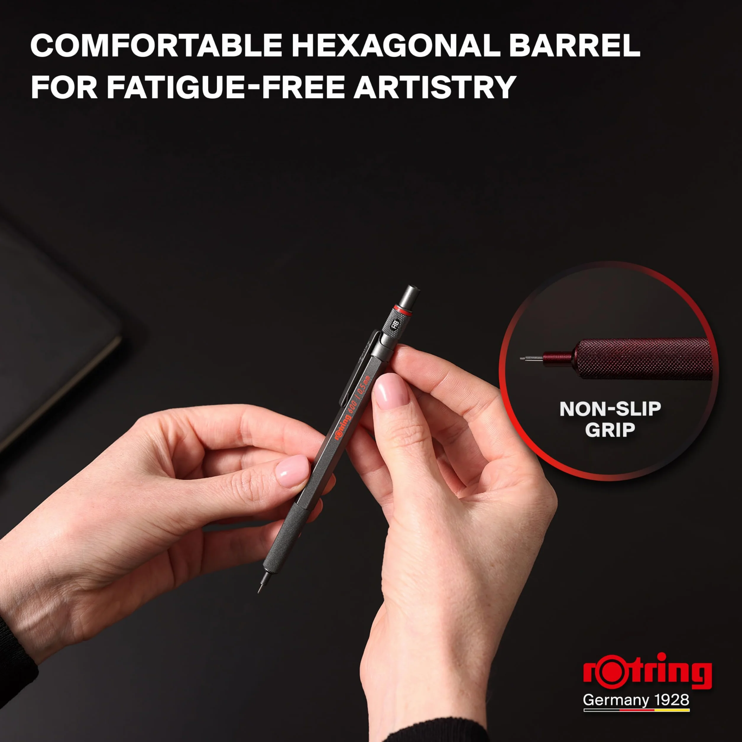 rOtring 600 Portaminas | Mina HB0,5 mm | Portaminas con cuerpo metalizado completo | Piedra oscura | Agarre estriado antideslizante y cuerpo hexagonal