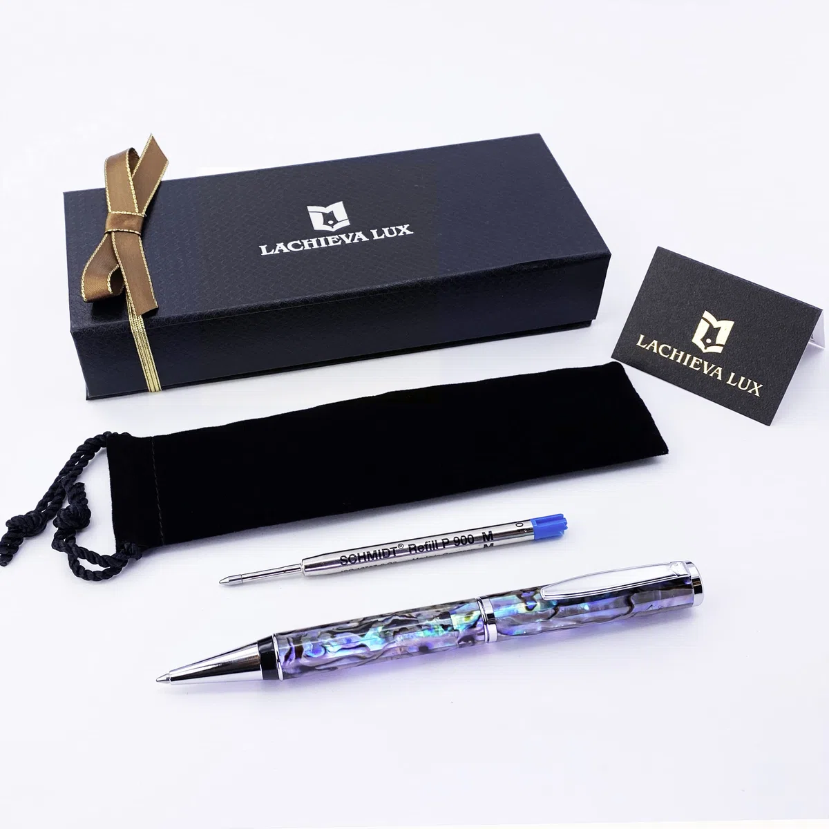 LACHIEVA LUX Bolígrafo de metal con concha de abalón hecho a mano, recambio alemán P900M, regalo elegante para hombre y mujer, en caja de regalo