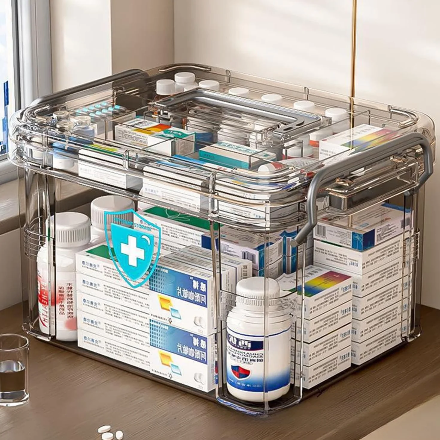 Organizador de medicamentos portátil 2 niveles Caja para medicina