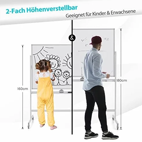 FANTASK Pizarra blanca móvil de doble cara, 120 x 90 cm, altura ajustable, magnética, con ruedas y soporte