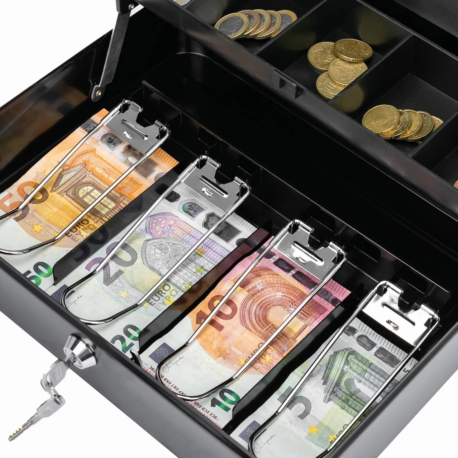 HMF 15230-02 - Caja de caudales con cerradura con compartimento para monedas y 4 compartimentos para billetes con pinza | 30 x 24 x 9 cm | Negro
