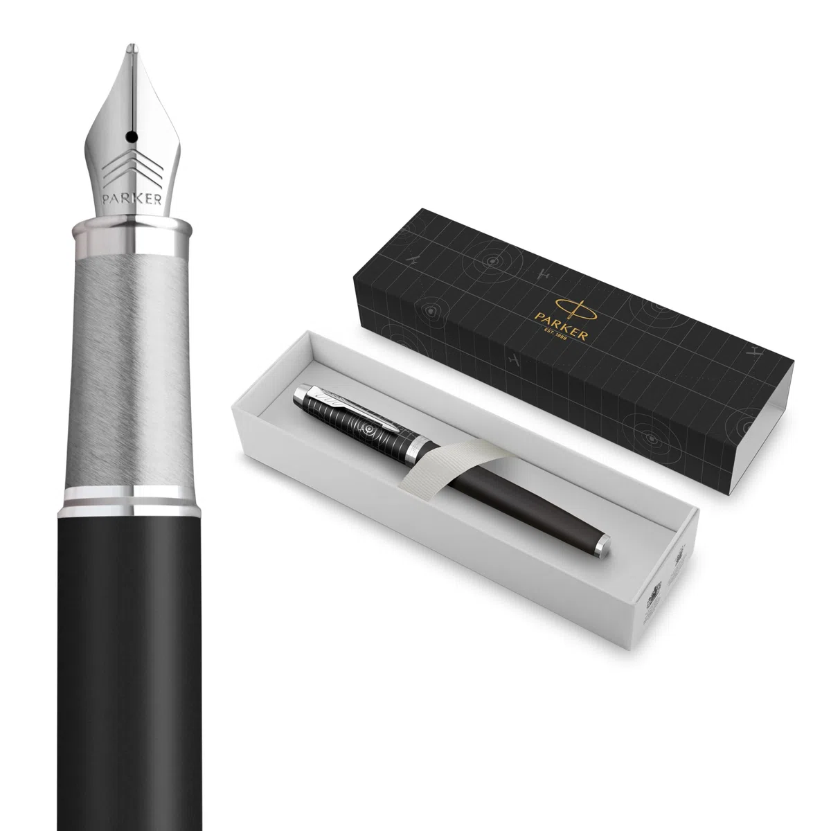 Parker IM Premium Pluma estilográfica | Colección Legacy of Flight | Acabado cromado | Plumín fino | Tinta azul | Caja de regalo