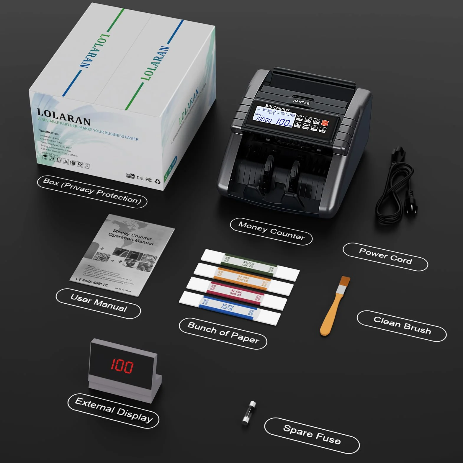LOLARAN AL1000 - Máquina de contador de dinero con contador de valor, soporte dólar y euro, UV, MG, MT, IR, DD con detección de falsificaciones, contador de efectivo con visualización LCD, lote y