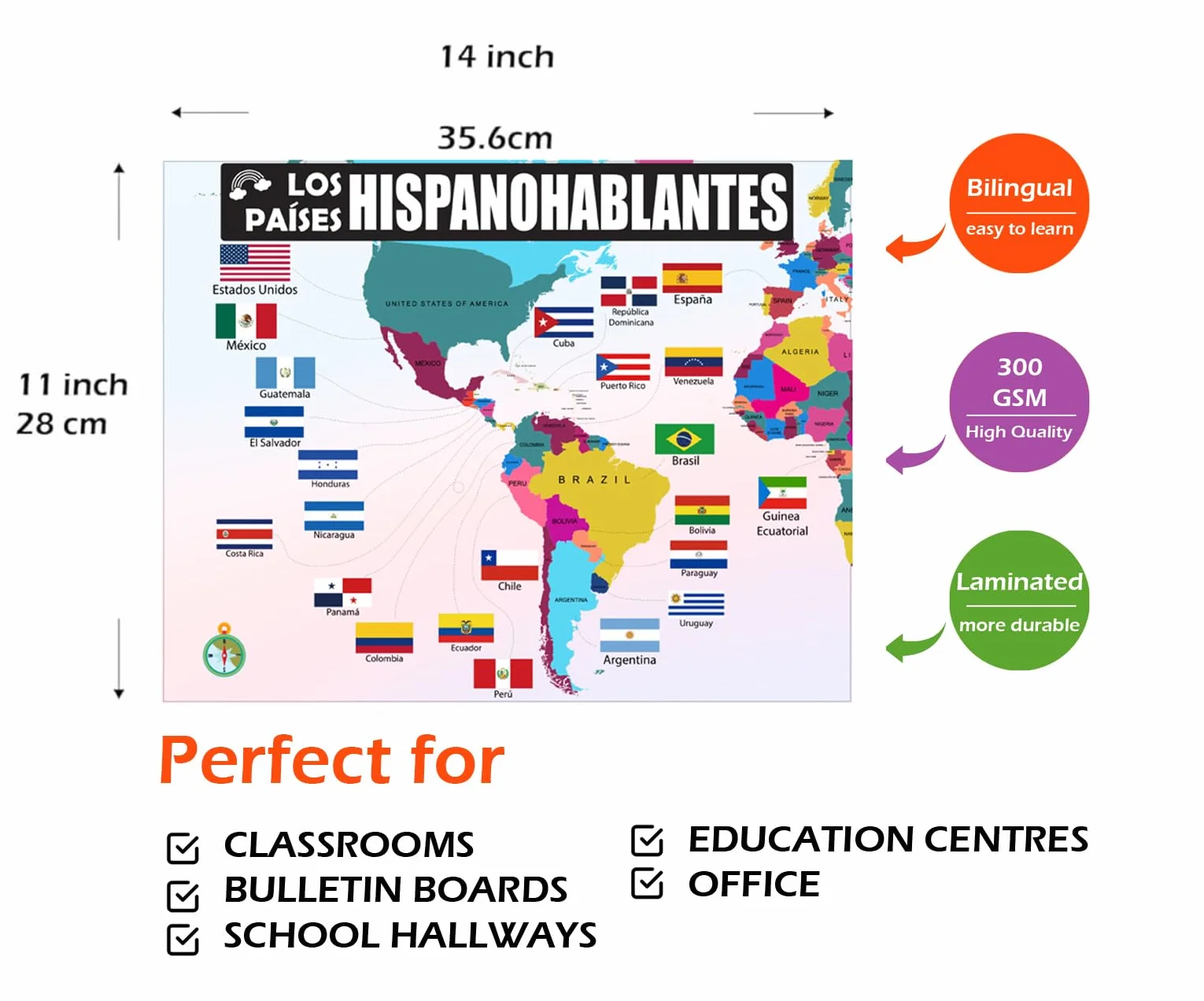 Clase de Español para Niños Poster, 18 Pósteres Bohemios Decoraciones Bilingües para Estudiantes de Primaria, Tablas de Aprendizaje Resistentes al Agua