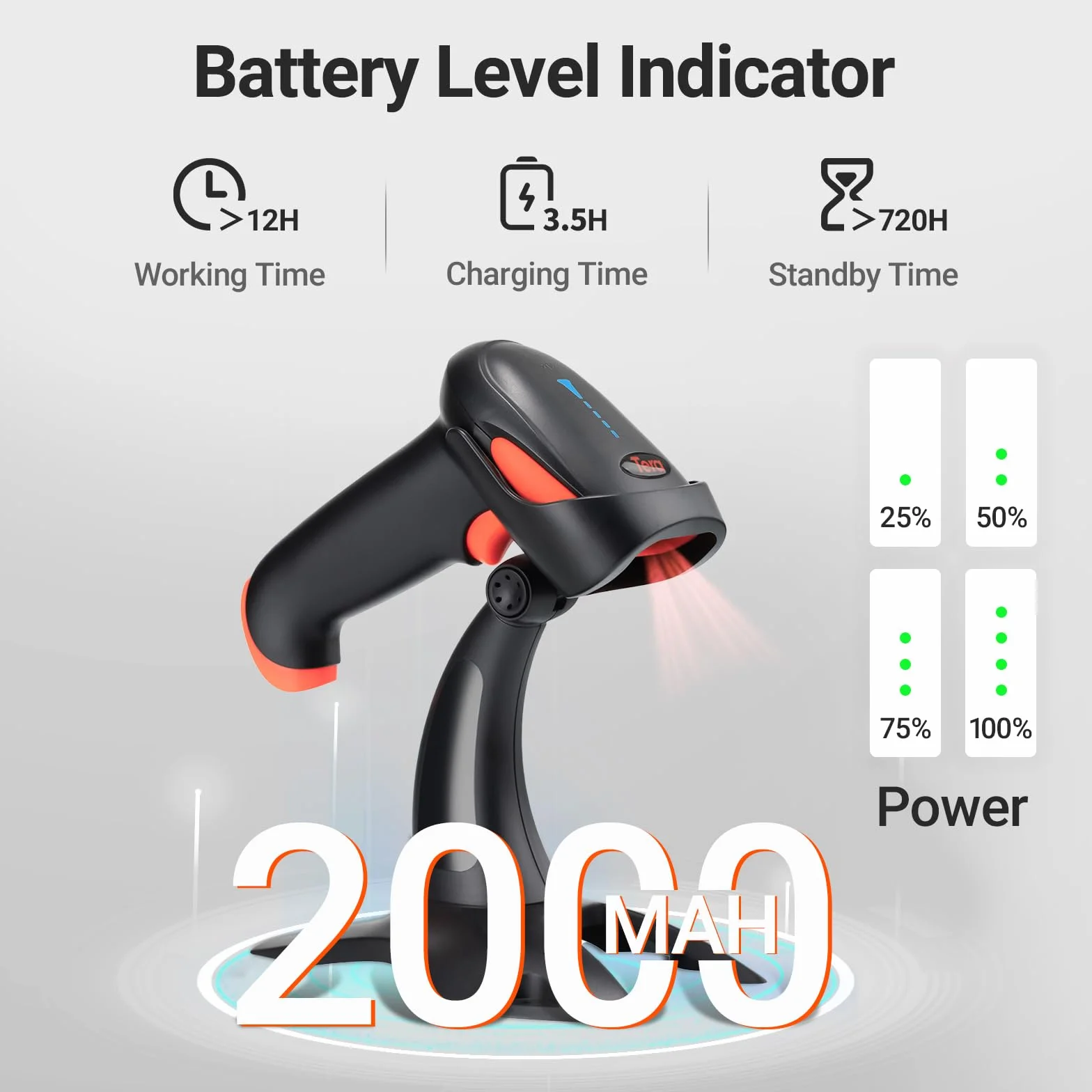 Tera Pro Escáner de Código de Barras Inalámbrico Lector de Código Barras Omnidireccional Bluetooth USB 1D 2D QR Digital Compacto, HW0002 Naranja