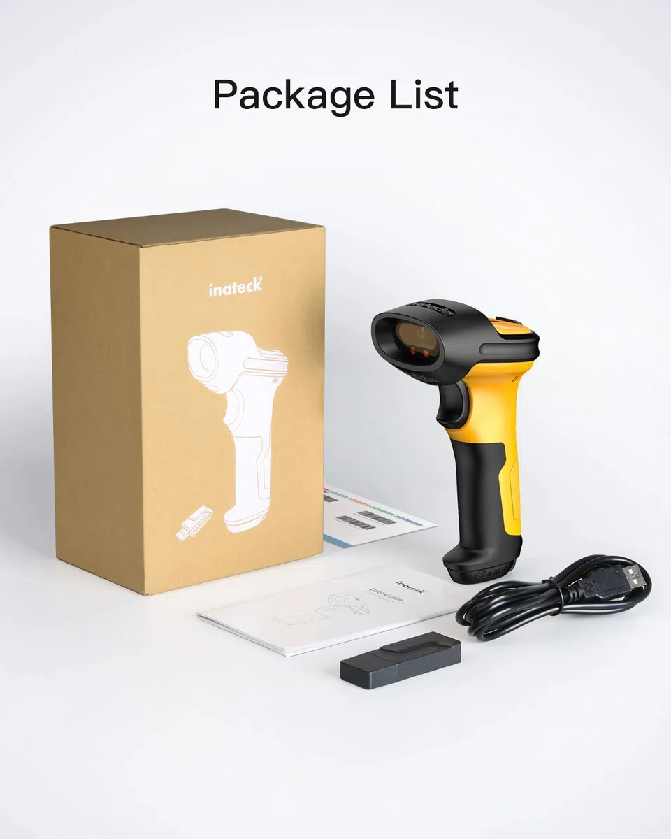 Inateck Lector Codigo Barras Escáner de Códigos Inalámbrico 2.4GHz Barcode Scanner | Alcance 60m Batería 2600mAh Duración batería Uso ininterrumpido 1 Mes Lectura automática rápida y precisa P6