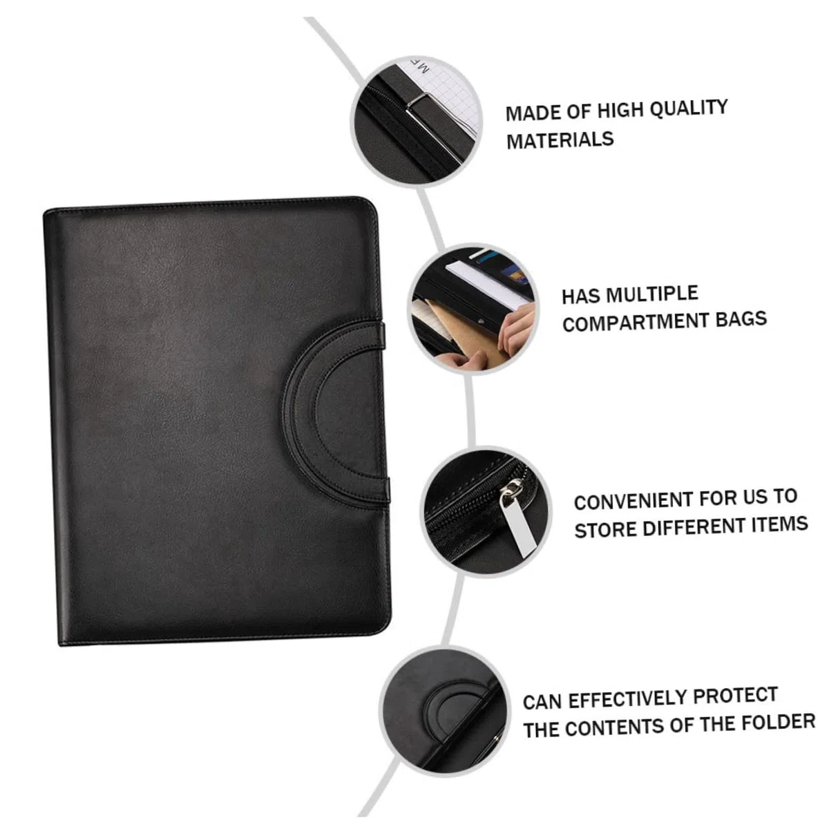 SEWACC Carpeta de Portafolios de Negocios Negra con Cremallera | A4, con Cuaderno de Notas Incluido, Varios Compartimentos, Estilo Elegante y Ligero para Llevar