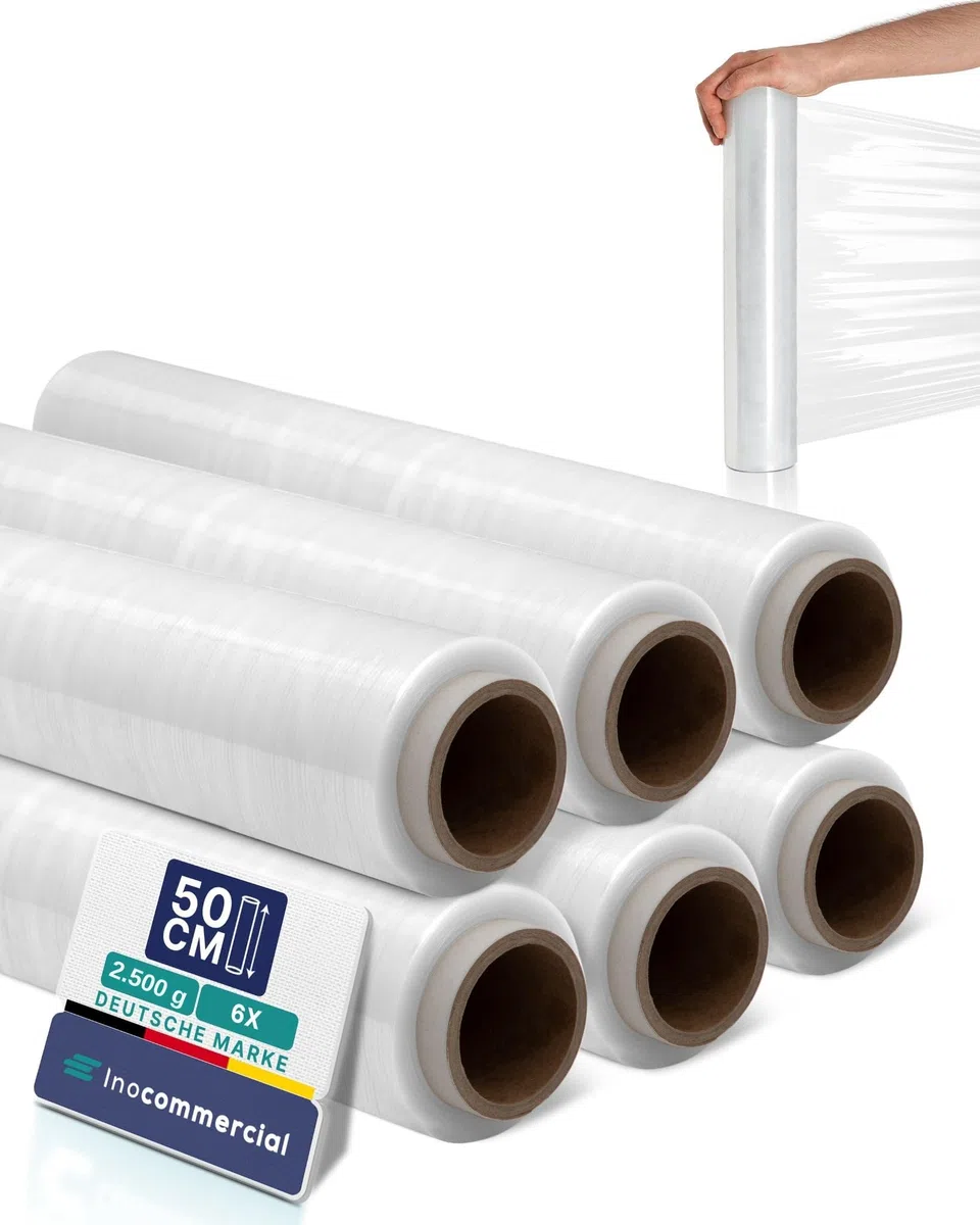 Inoverse Film elástico transparente para envolver muebles y mudanzas, lámina para palés, lámina elástica a mano, rollo de lámina elástica, material de embalaje, 50 cm/2,5 kg, 6 rollos