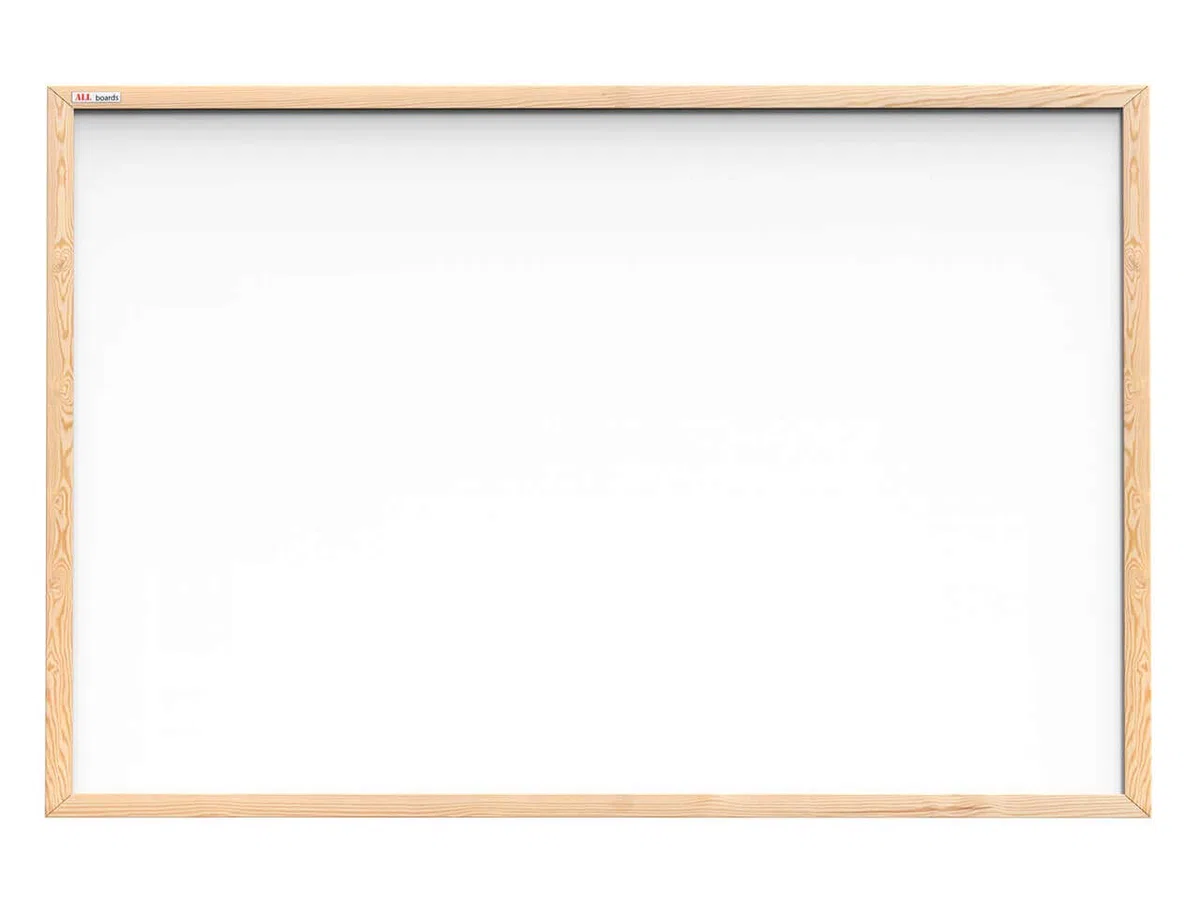 ALLboards Marco de madera natural de pizarra magnética | Superficie lacada y de borrado en seco [Superficie Blanca - Madera Natural Cornisa-120x90cm]
