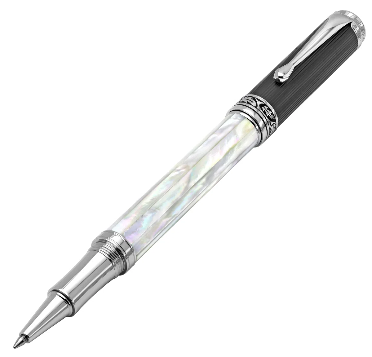 Xezo Bolígrafo roller Maestro hecho a mano, punta fina. Madreperla blanca iridiscente de origen oceánico con carbono similar al diamante PVD. Numerado, cada bolígrafo es único