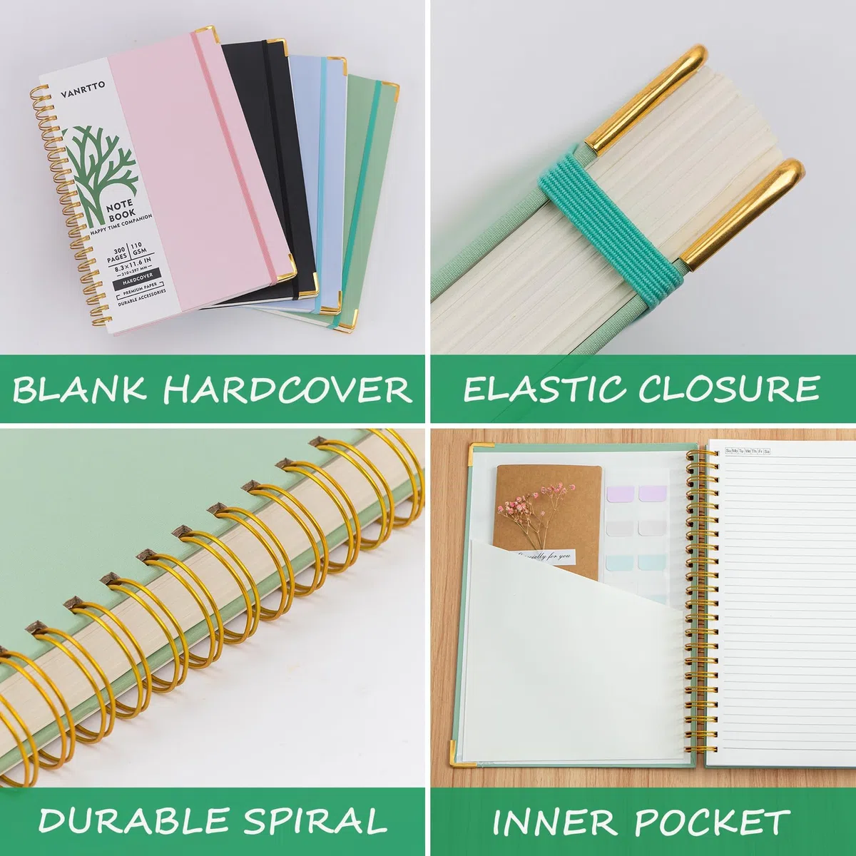 Cuaderno de espiral de tapa dura, cuadernos B5 con rayas universitarias, cuadernos de papel grueso de 110 g/m² para trabajo, escuela y viajes, diarios de 300 páginas para escribir, diario grande para