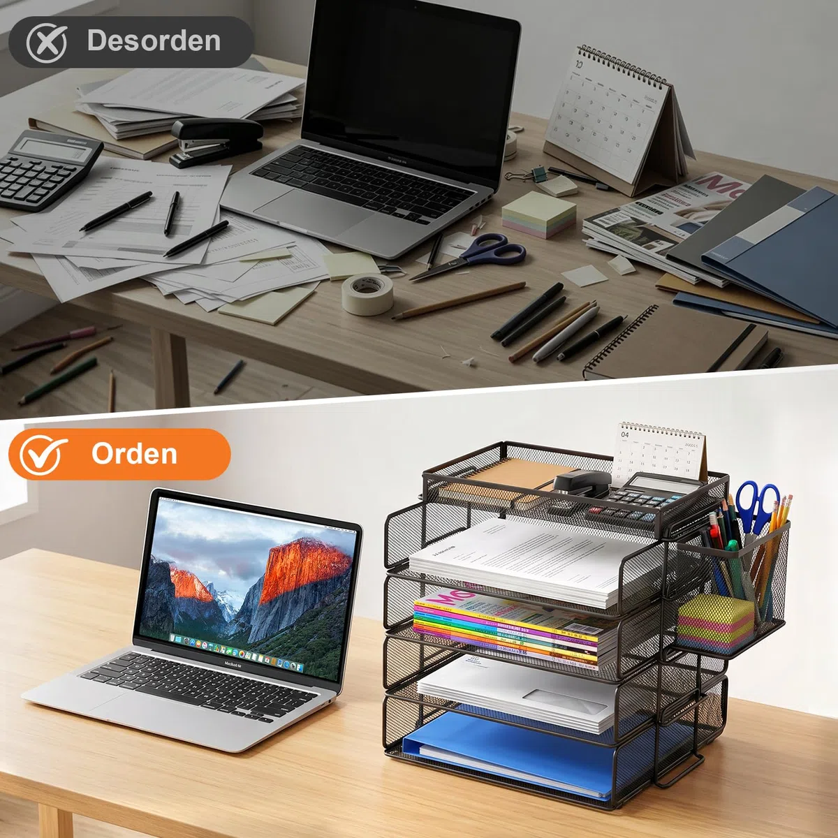 Estante apilable para Documentos A4, Organizador Escritorio con 4 bandejas y 1 portalápices, Apto para Documentos A4, Estante de Escritorio metálico, Estante de Escritorio (Negro)